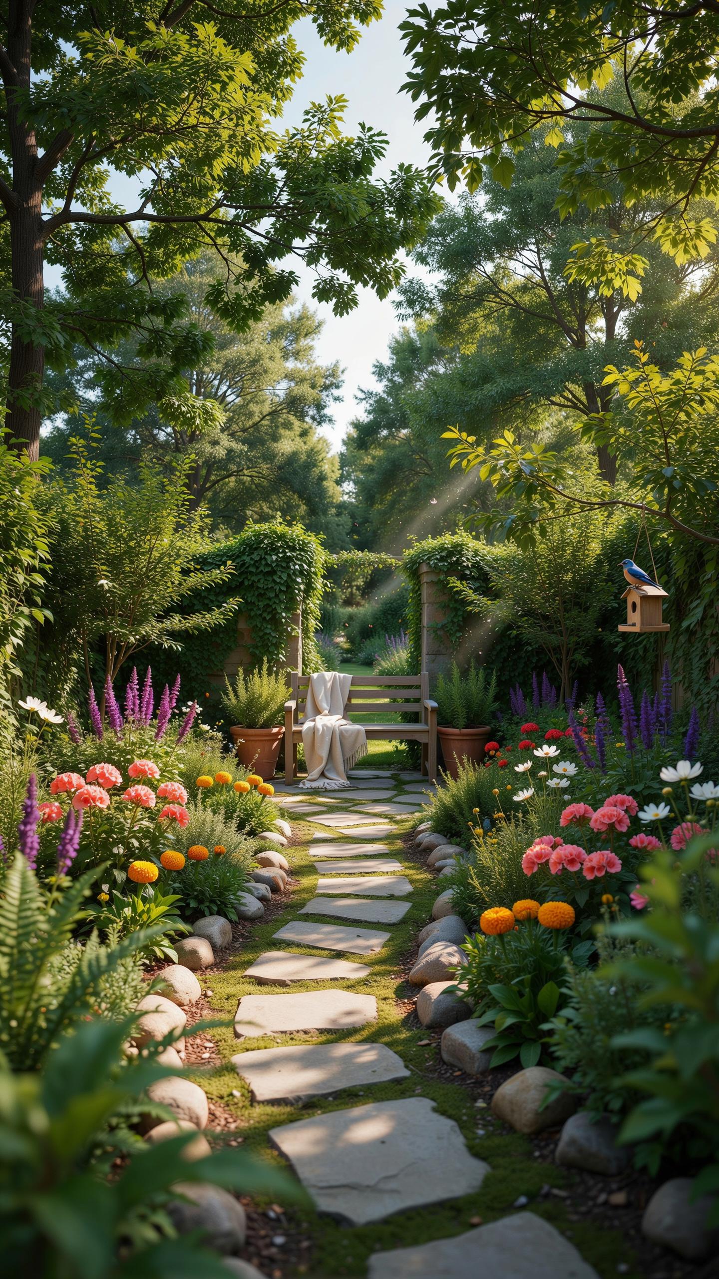 A stone path meanders through a lush, vibrant cottage garden, lined with colorful flowers, green foliage, and small rocks, leading to a wooden bench u