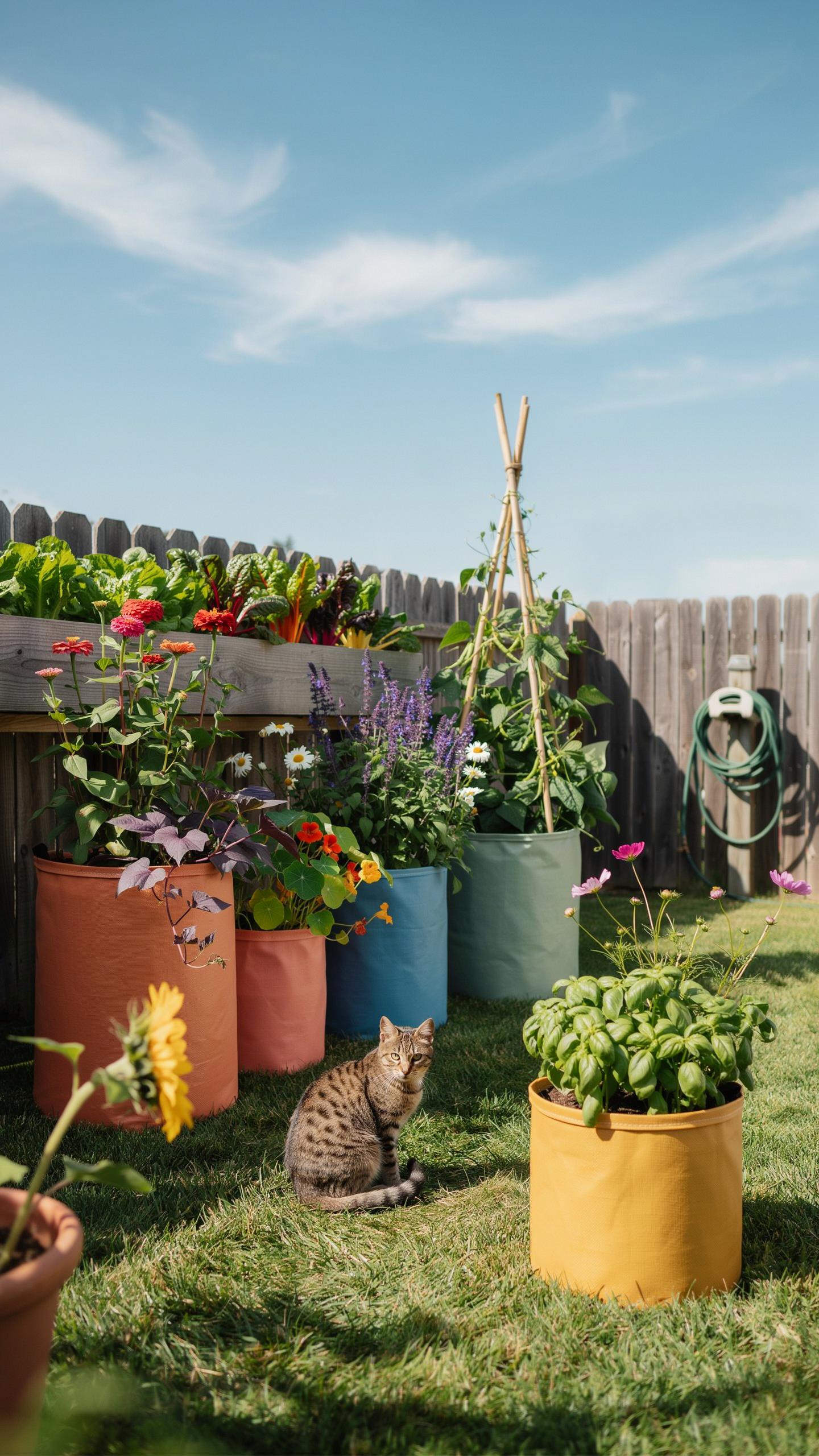 A spotted Savannah cat sits in a vibrant backyard garden with colorful fabric planters holding various plants and vegetables under a sunny blue sky.