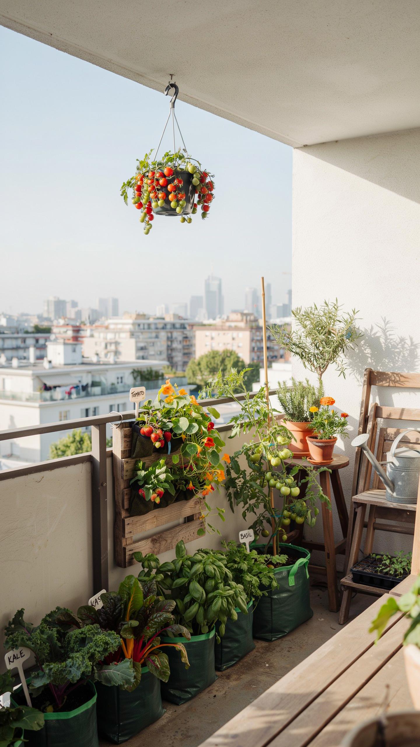 A narrow balcony garden overlooks a city skyline, featuring various potted plants like tomatoes, herbs, and leafy greens, with a wooden table and chai