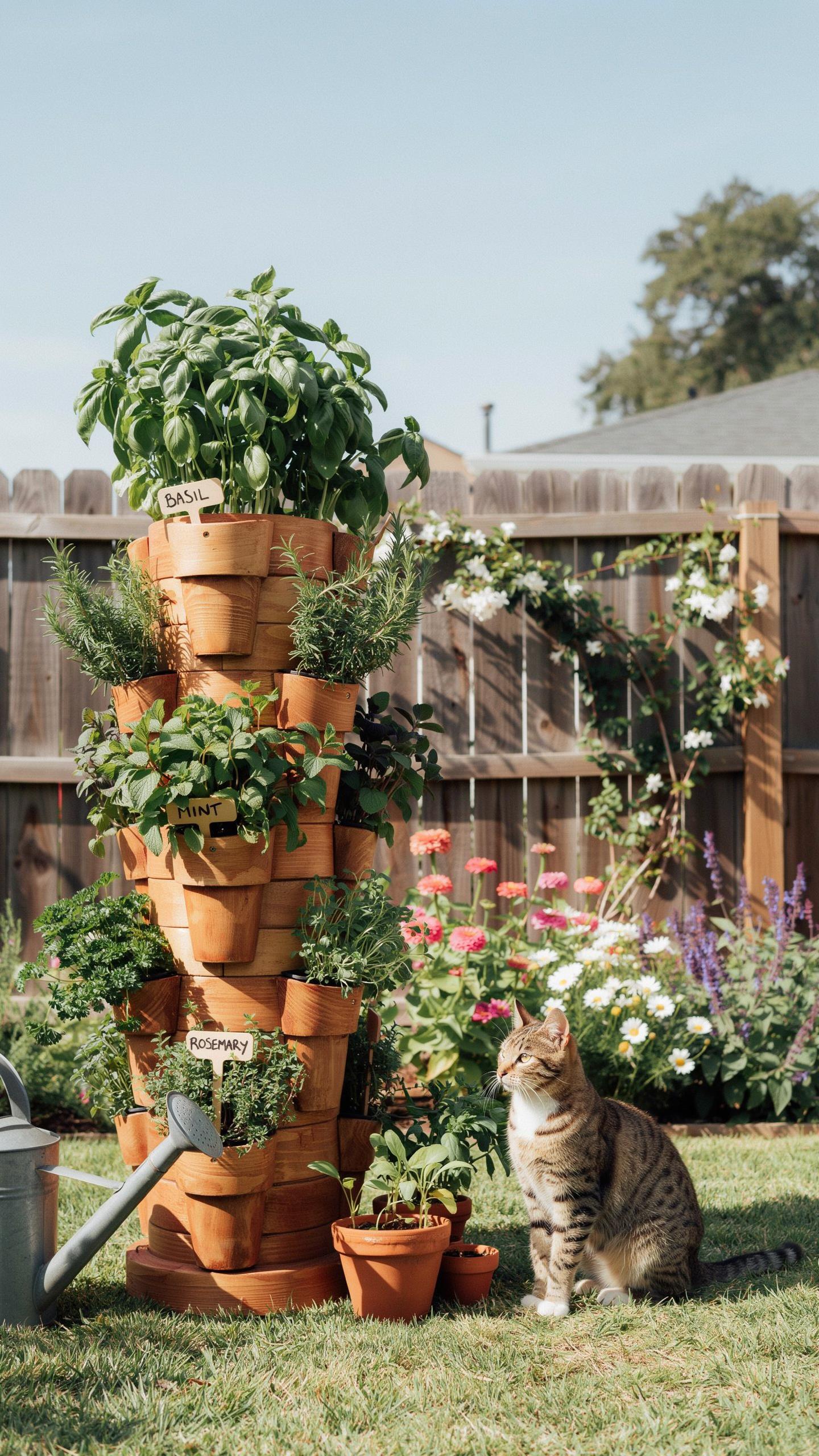 A tabby cat sits on a green lawn beside a tall terracotta herb garden, with a wooden fence and colorful flowers in the background under a blue sky.