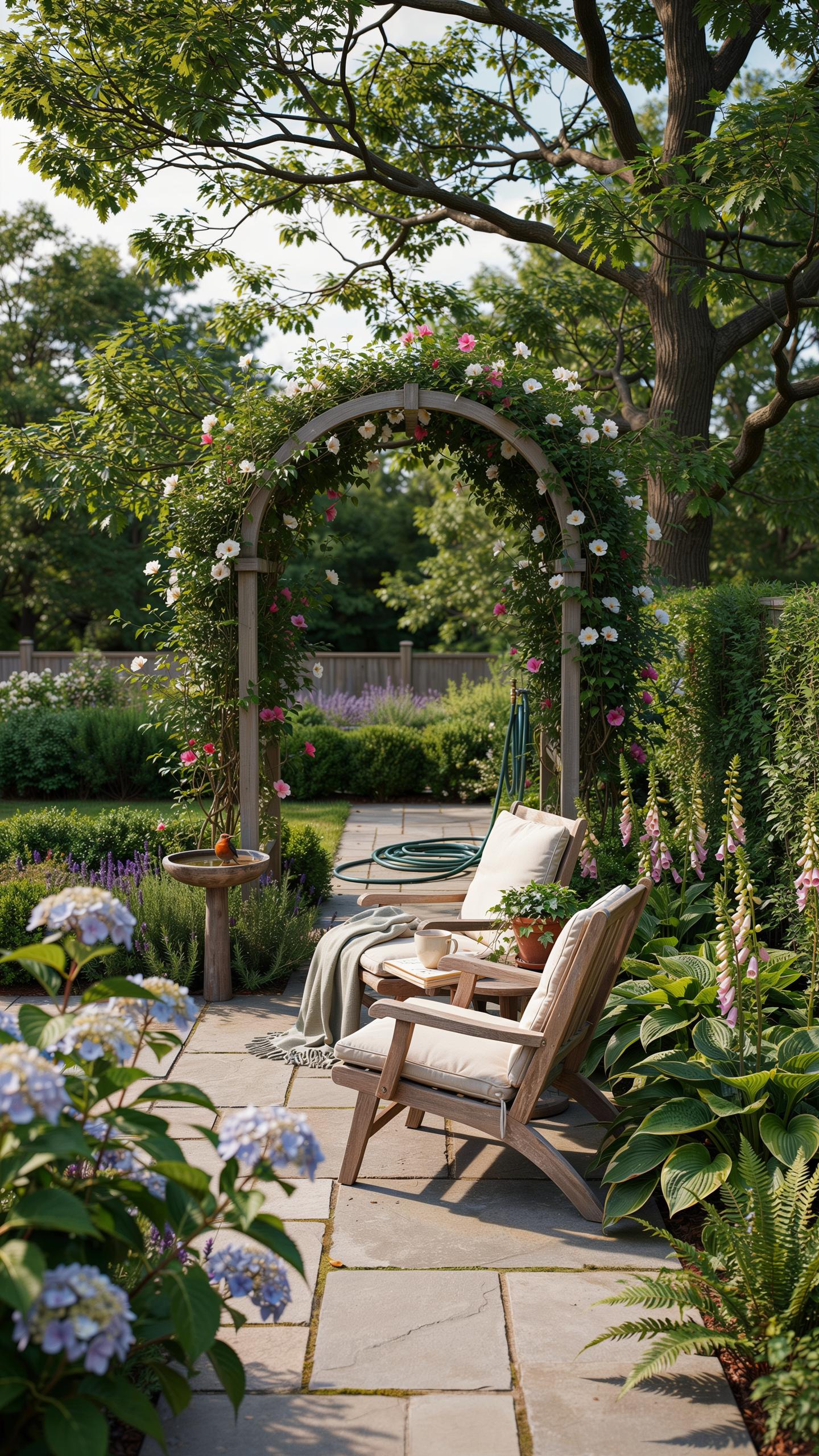 A serene garden patio features two wooden chairs with cream cushions and a small round table under a rose-covered archway, with a flagstone path, lush
