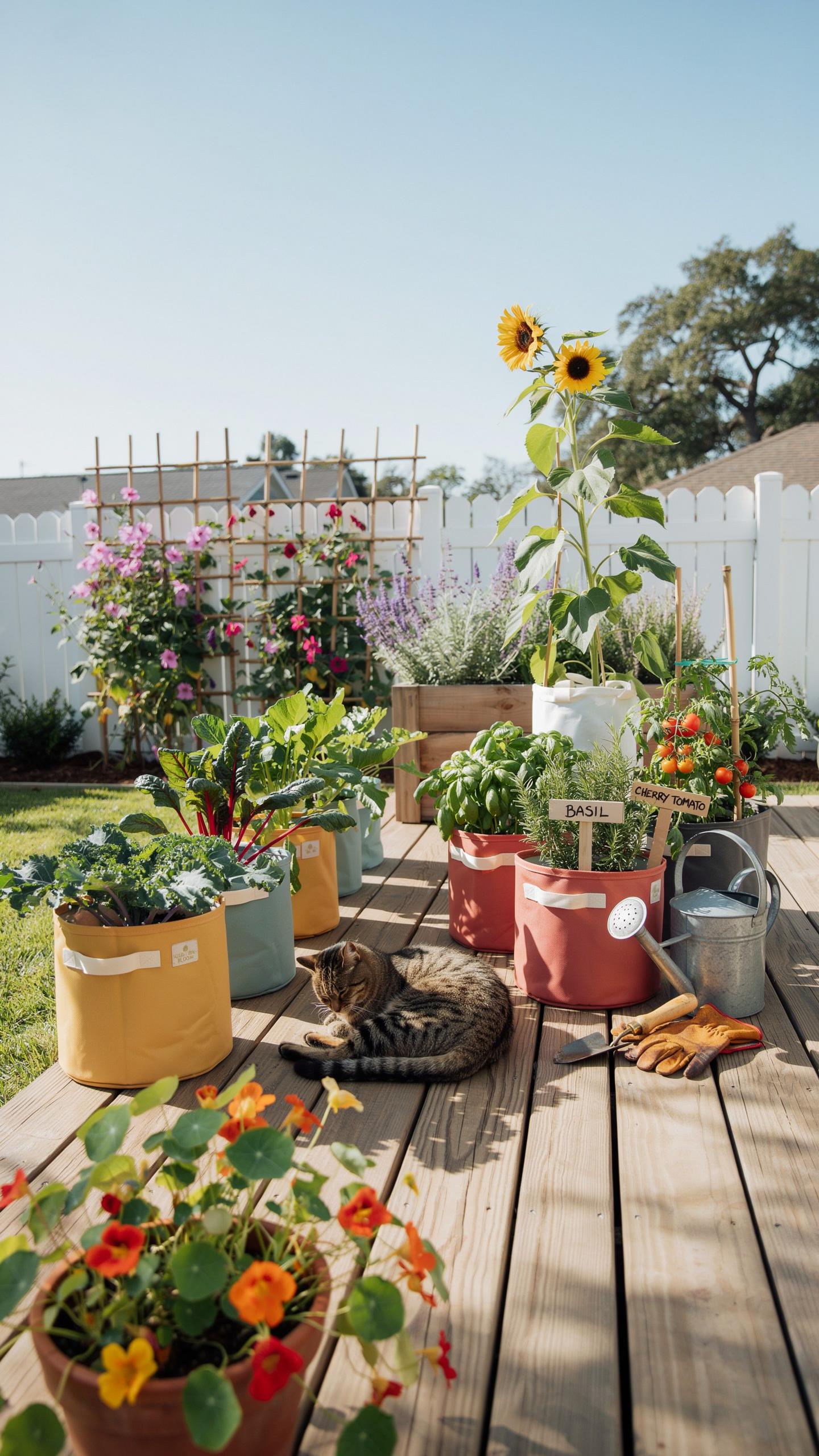 A tabby cat rests on a wooden deck surrounded by various plants in colorful fabric grow bags and terracotta pots, with a white picket fence and bloomi