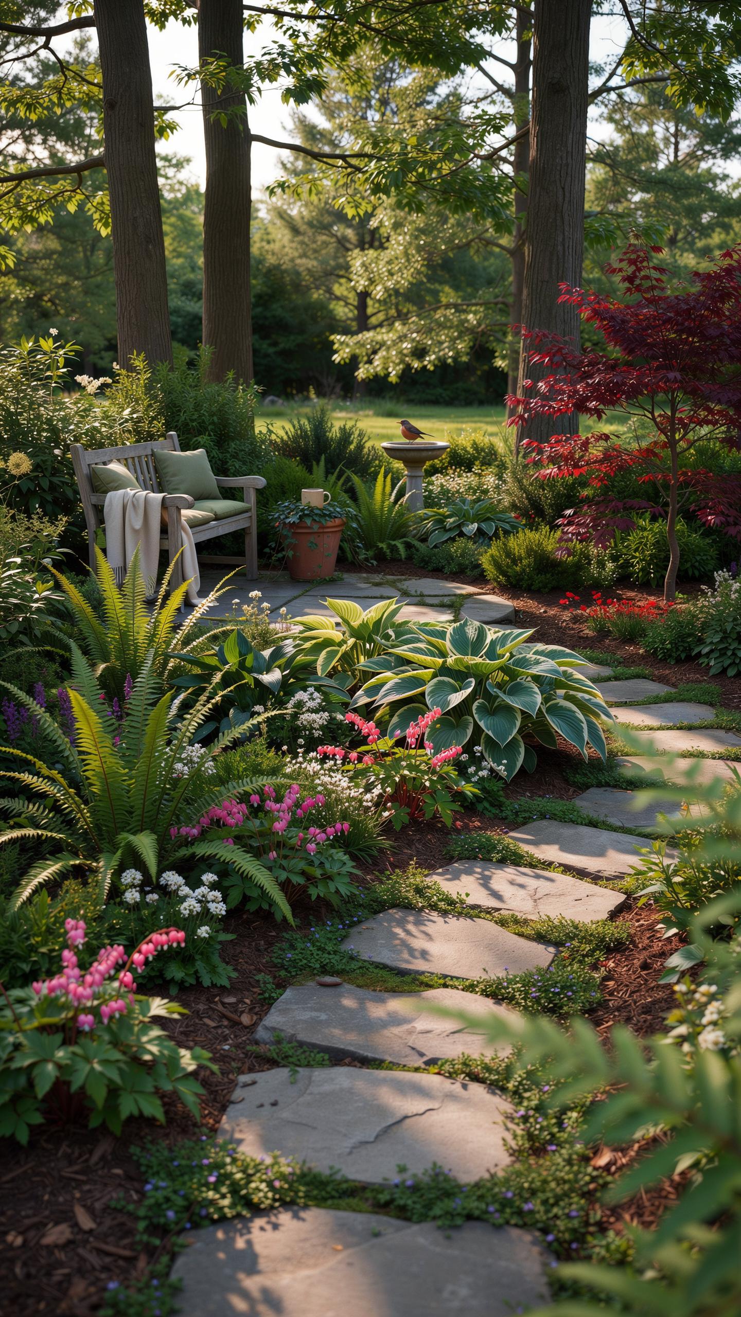 A stone path winds through a lush, green garden towards a wooden bench with a blanket, surrounded by various plants including hostas, ferns, and flowe