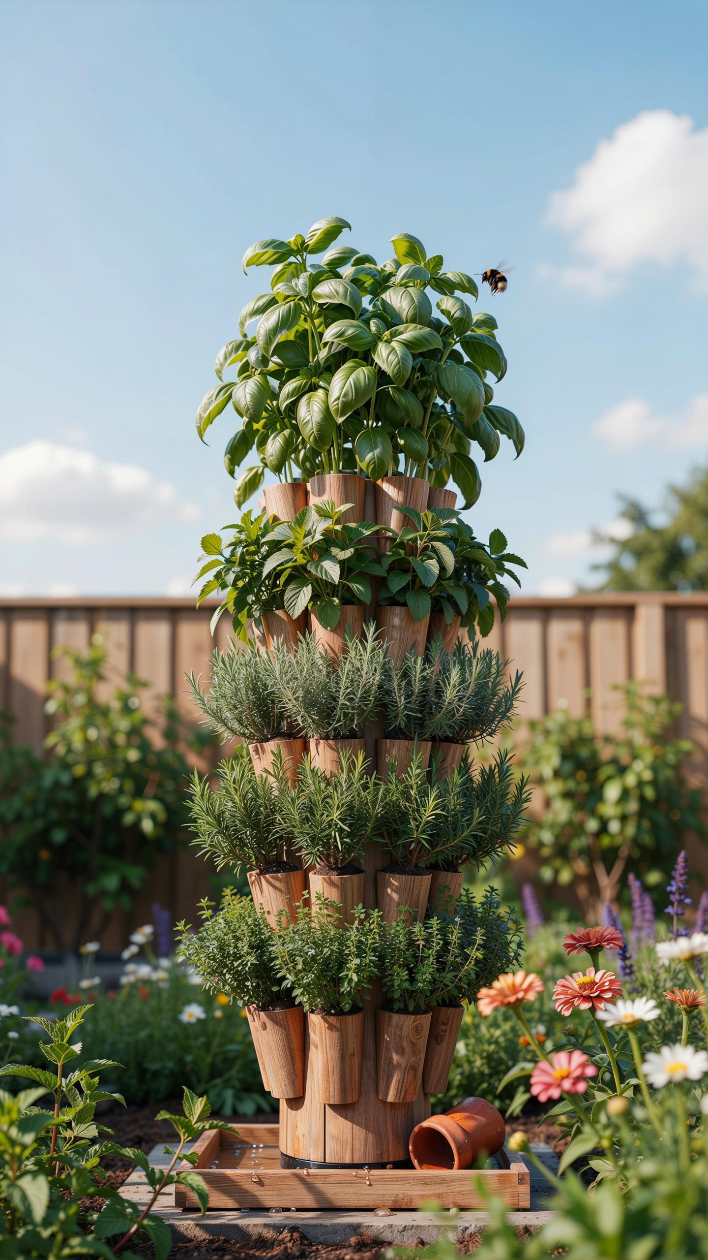 A tall, tiered terracotta planter stands in a vibrant garden under a clear blue sky, filled with various green herbs like basil, thyme, and rosemary.