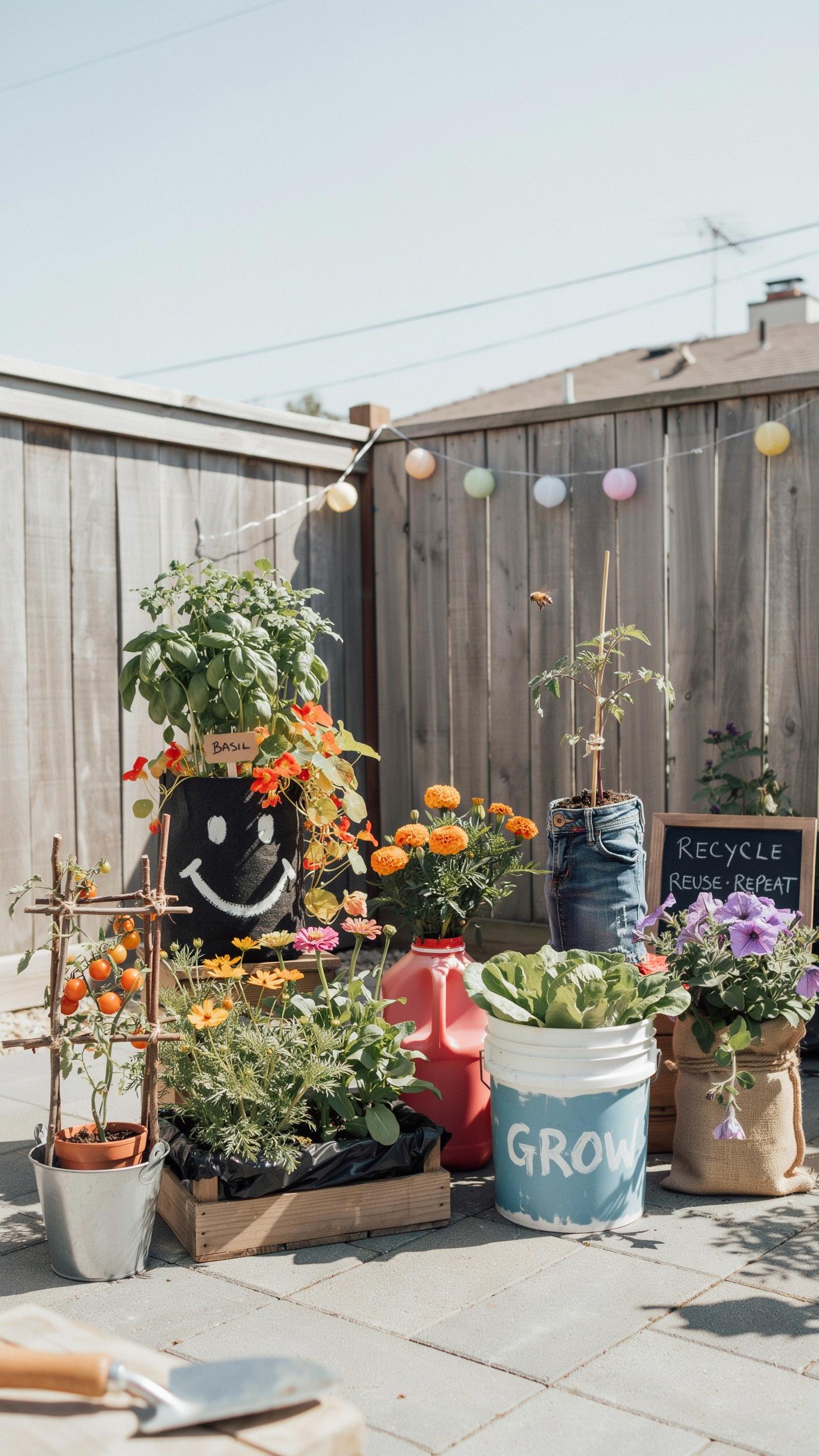 A vibrant backyard container garden features various plants, including herbs, flowers, and vegetables, growing in repurposed items like a black bucket