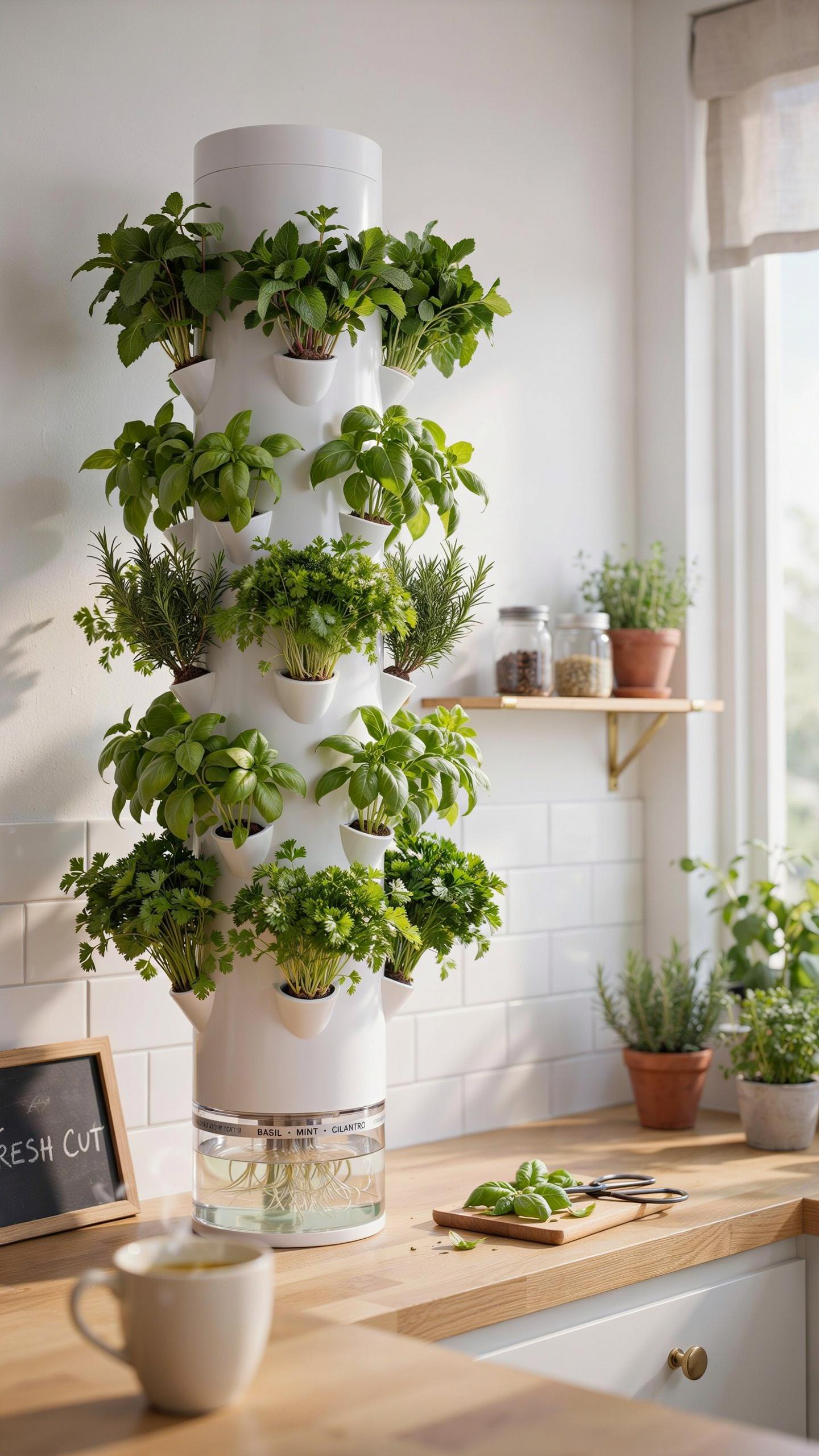 A tall, white vertical hydroponic garden is filled with various fresh green herbs in a bright, modern kitchen with white subway tile and wooden counte