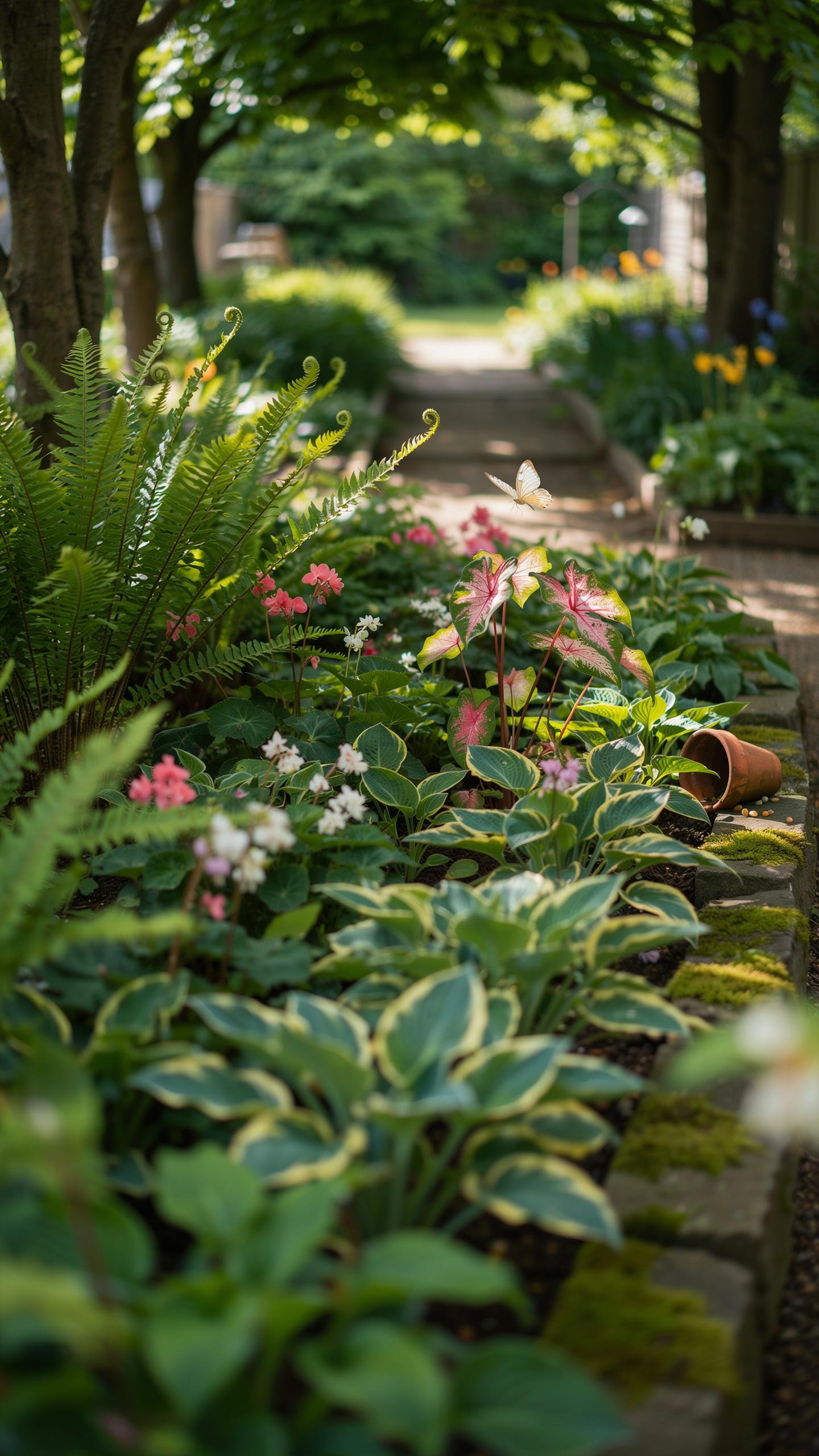 A narrow garden path winds through lush green foliage and colorful flowers under dappled sunlight, bordered by hostas and ferns on either side, leadin