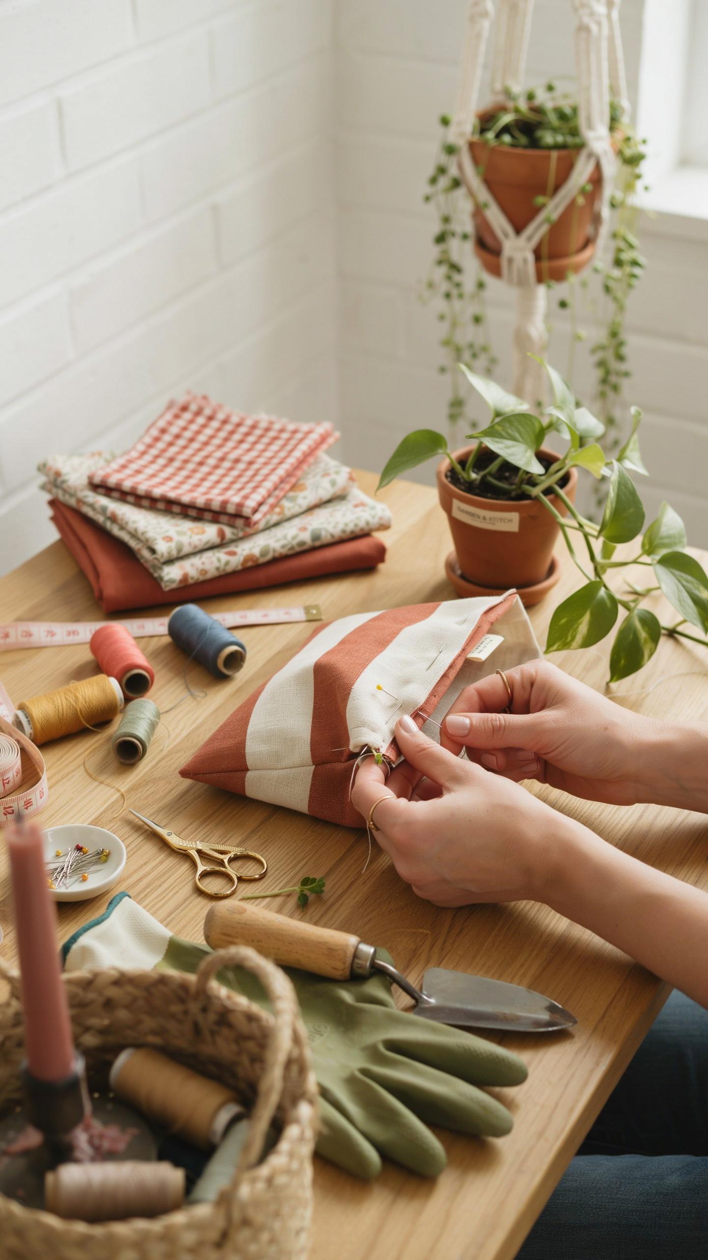 A person's hands are visible, sewing a zipper onto a striped fabric pouch on a wooden table, surrounded by sewing supplies, gardening tools, potted pl