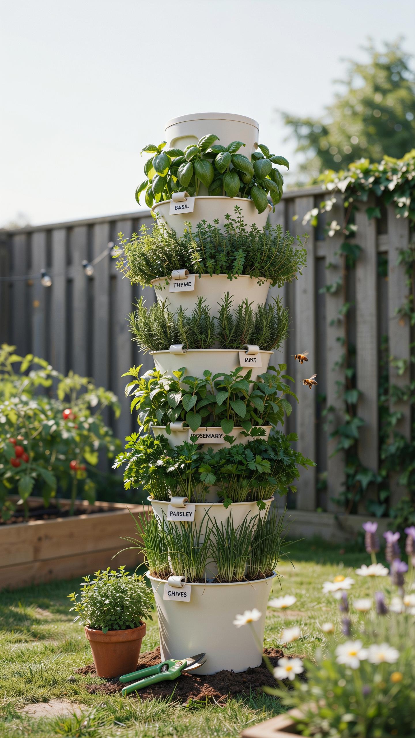 A tall, tiered vertical garden system in white, filled with various green herbs, stands on a sunny green lawn in a backyard, with a small potted plant