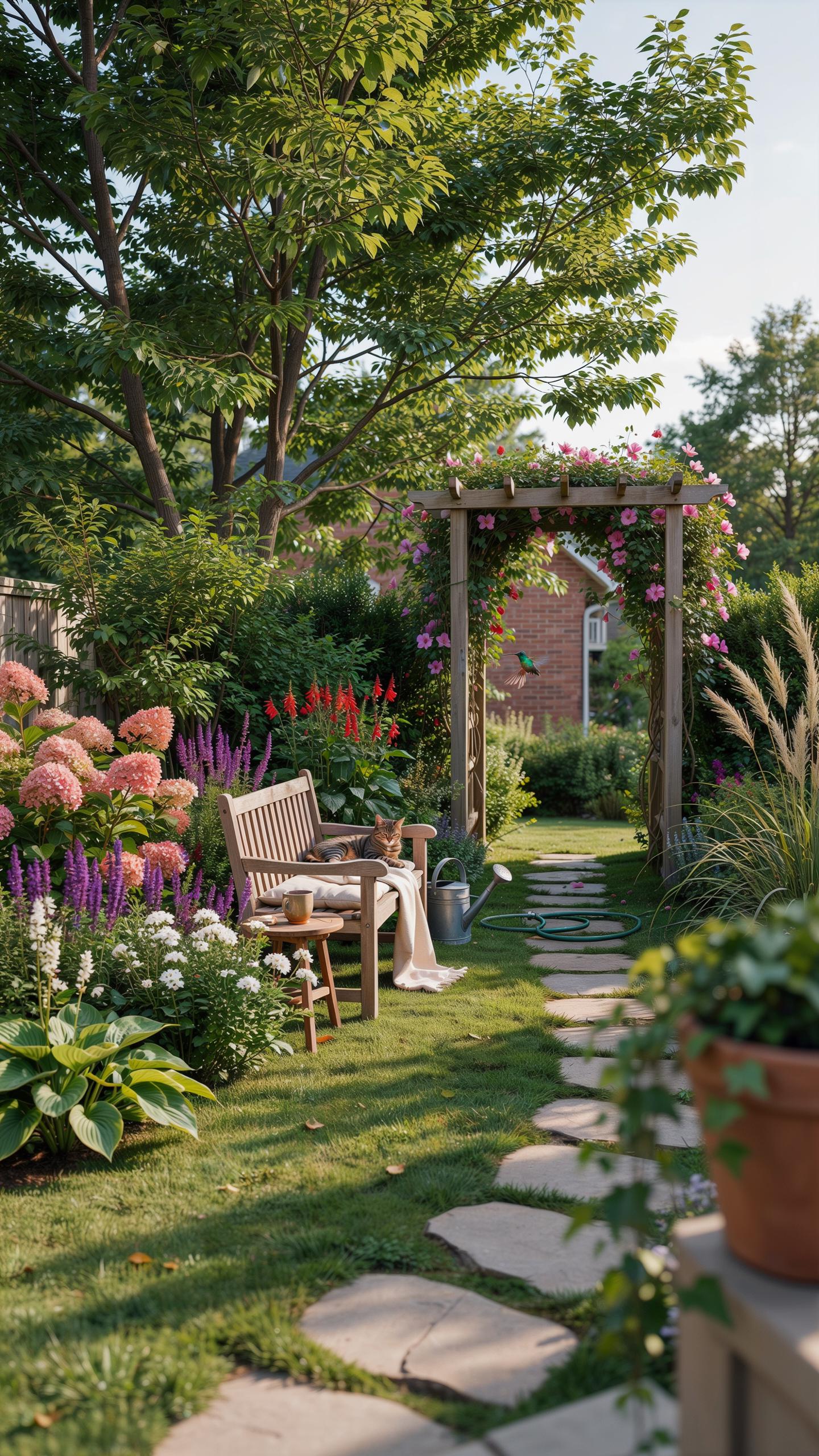 A lush, green garden path made of stepping stones leads under a wooden arbor covered in flowering vines, with a wooden bench and small table nestled a