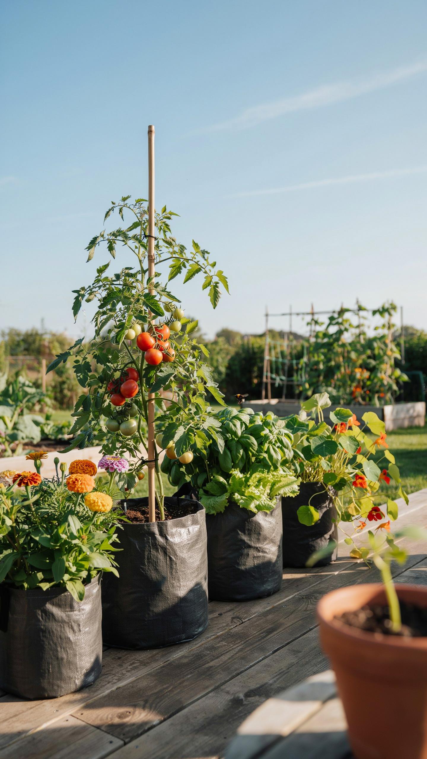 Several black fabric grow bags are lined up on a wooden surface, each containing different plants including a tomato plant with red tomatoes, basil, a