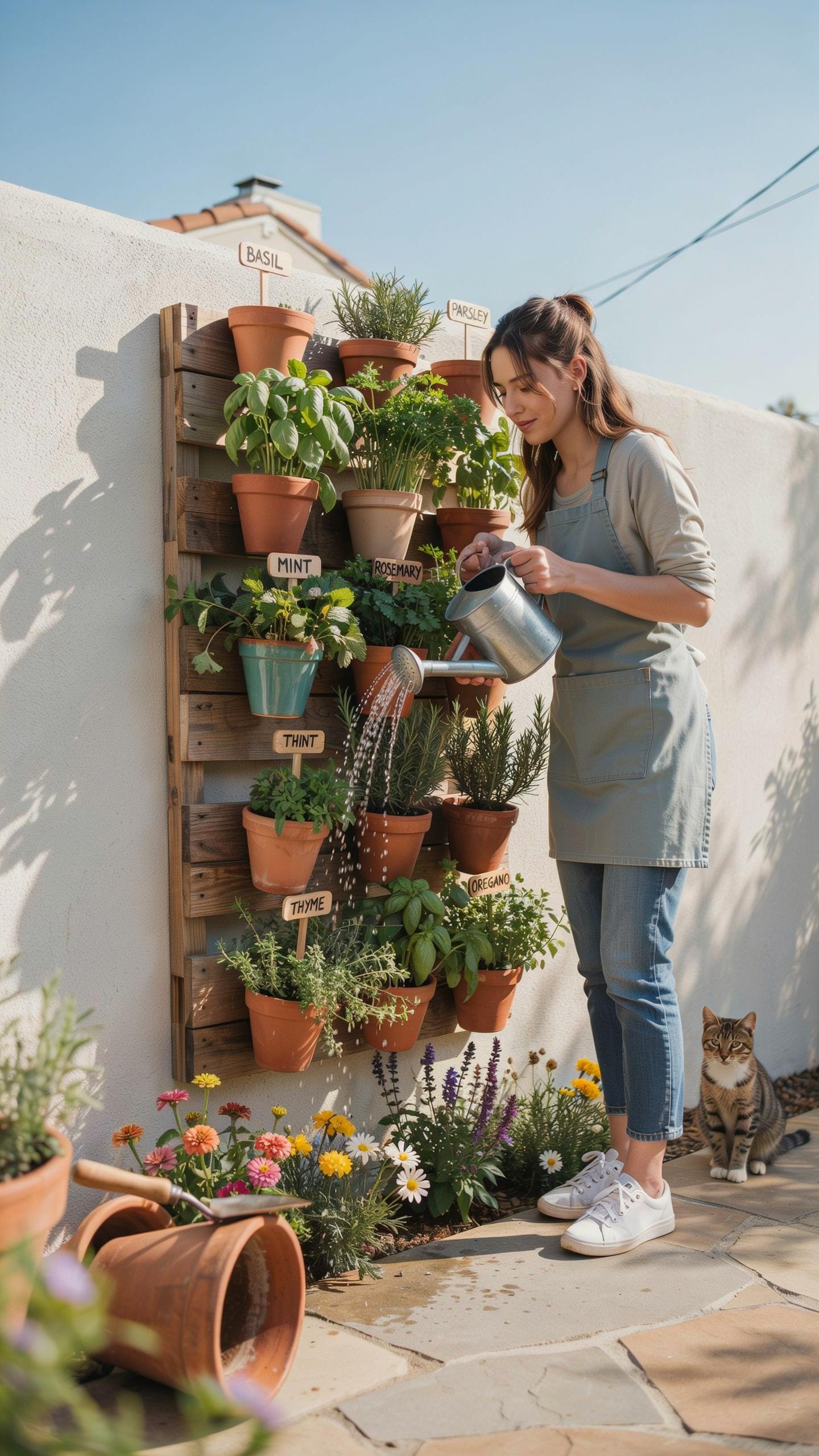 A young woman with long dark hair, wearing an apron over a light top and jeans, is watering a vertical pallet garden filled with various herbs in terr
