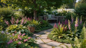 A tranquil garden scene with a winding stone path leading to a wooden bench nestled under a tree, surrounded by lush green foliage and various pink an