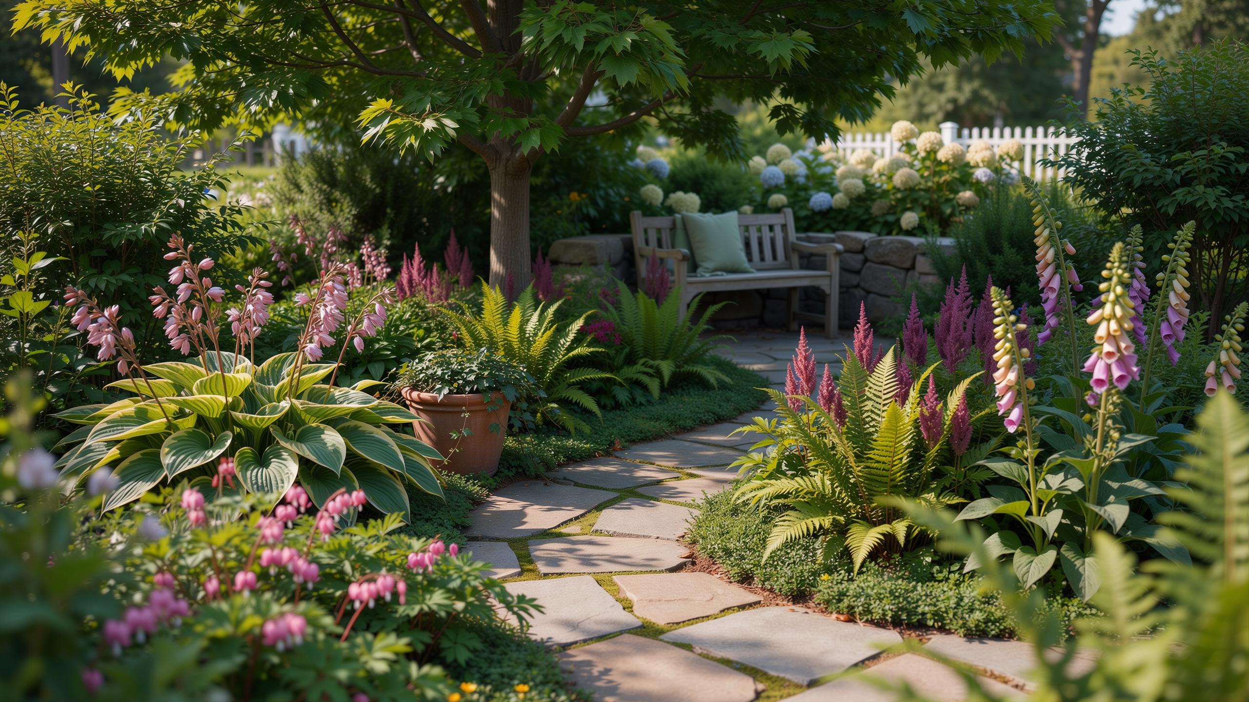 A tranquil garden scene with a winding stone path leading to a wooden bench nestled under a tree, surrounded by lush green foliage and various pink an