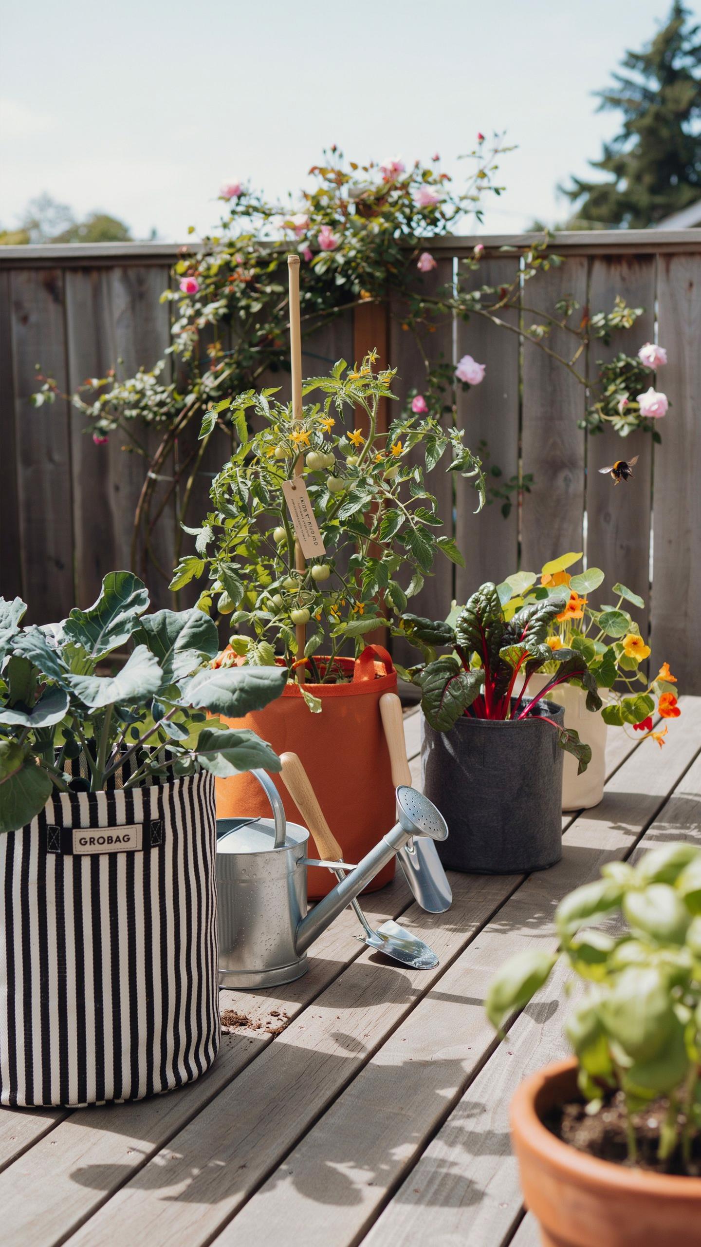 A vibrant collection of potted plants, including a tomato plant, leafy greens, and herbs, arranged on a wooden deck next to a rustic wooden fence, wit