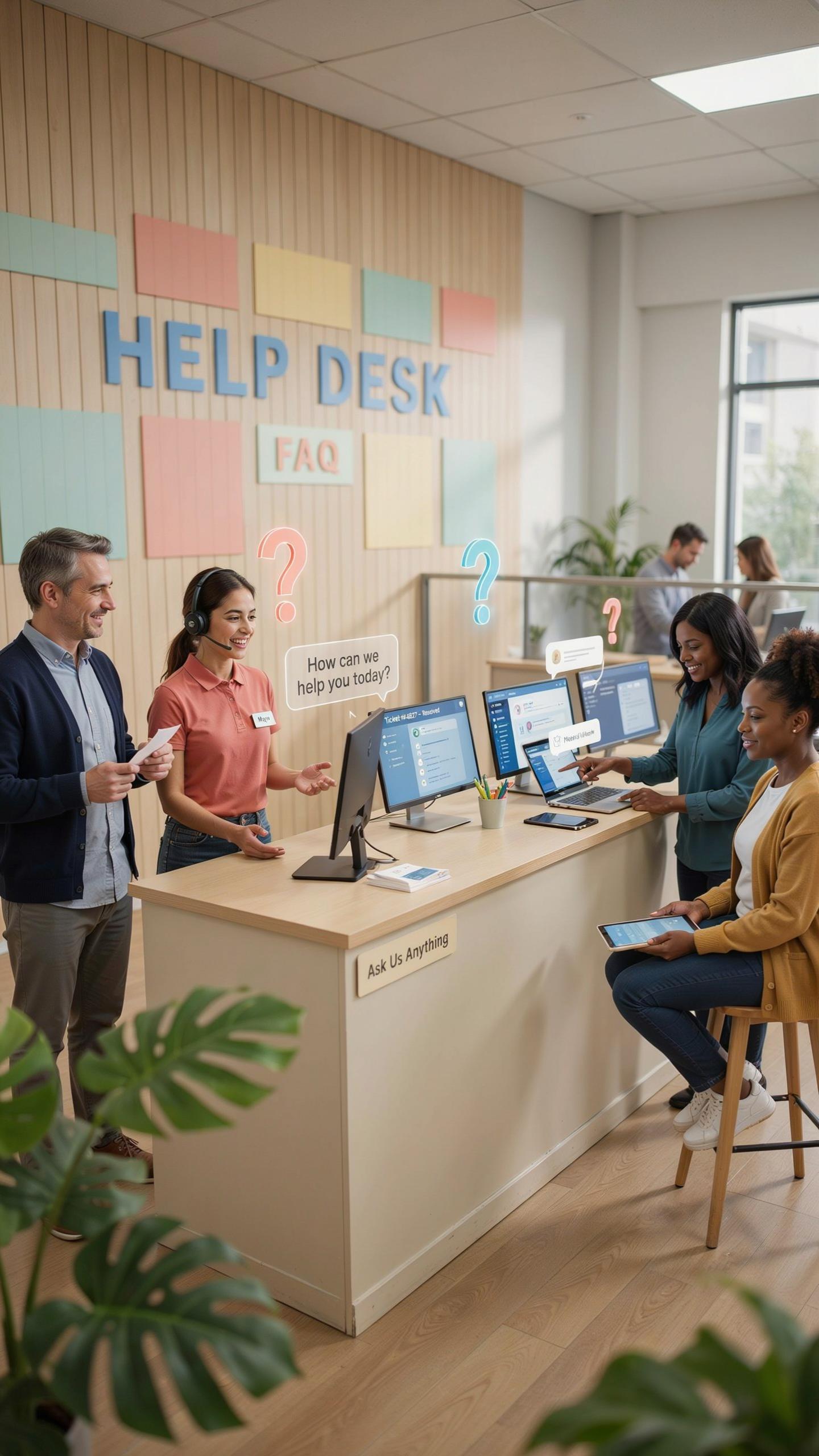A bustling help desk area with several people, including staff and customers, interacting at a light wood counter with computer monitors and potted pl