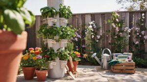 A white vertical garden tower filled with various green herbs stands on a patio, surrounded by terracotta pots of colorful flowers, gardening tools, a