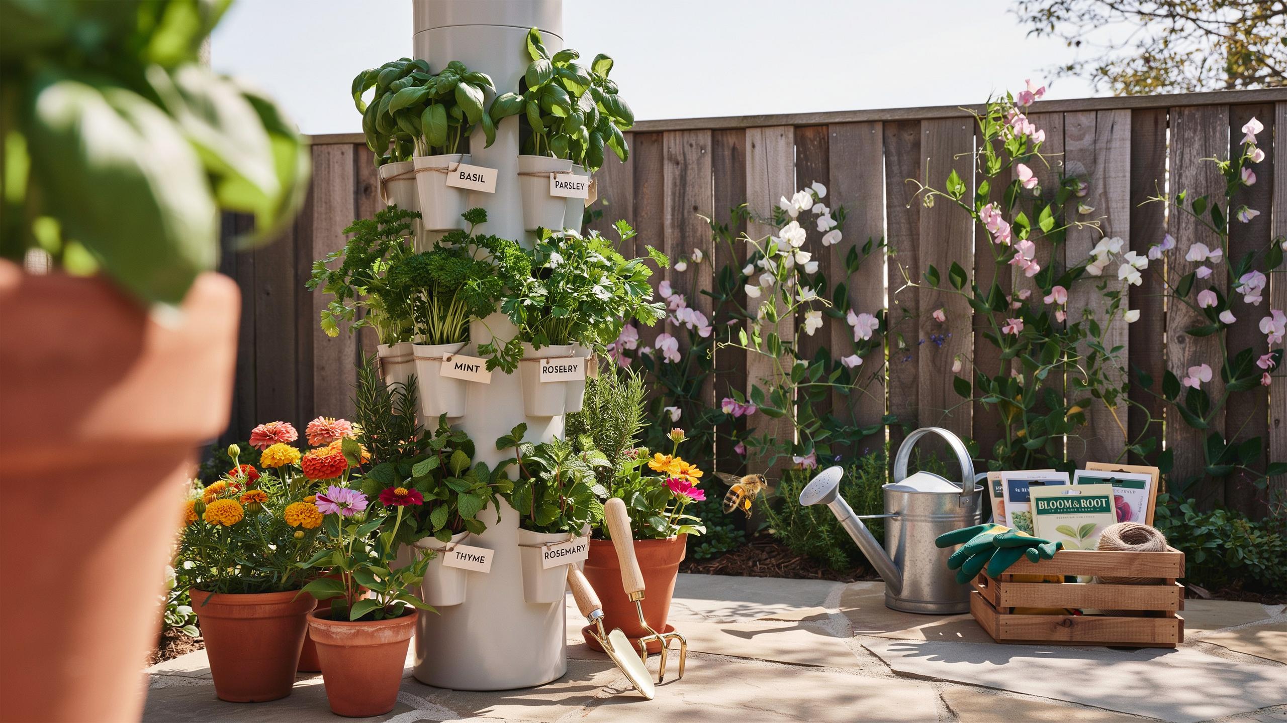A white vertical garden tower filled with various green herbs stands on a patio, surrounded by terracotta pots of colorful flowers, gardening tools, a