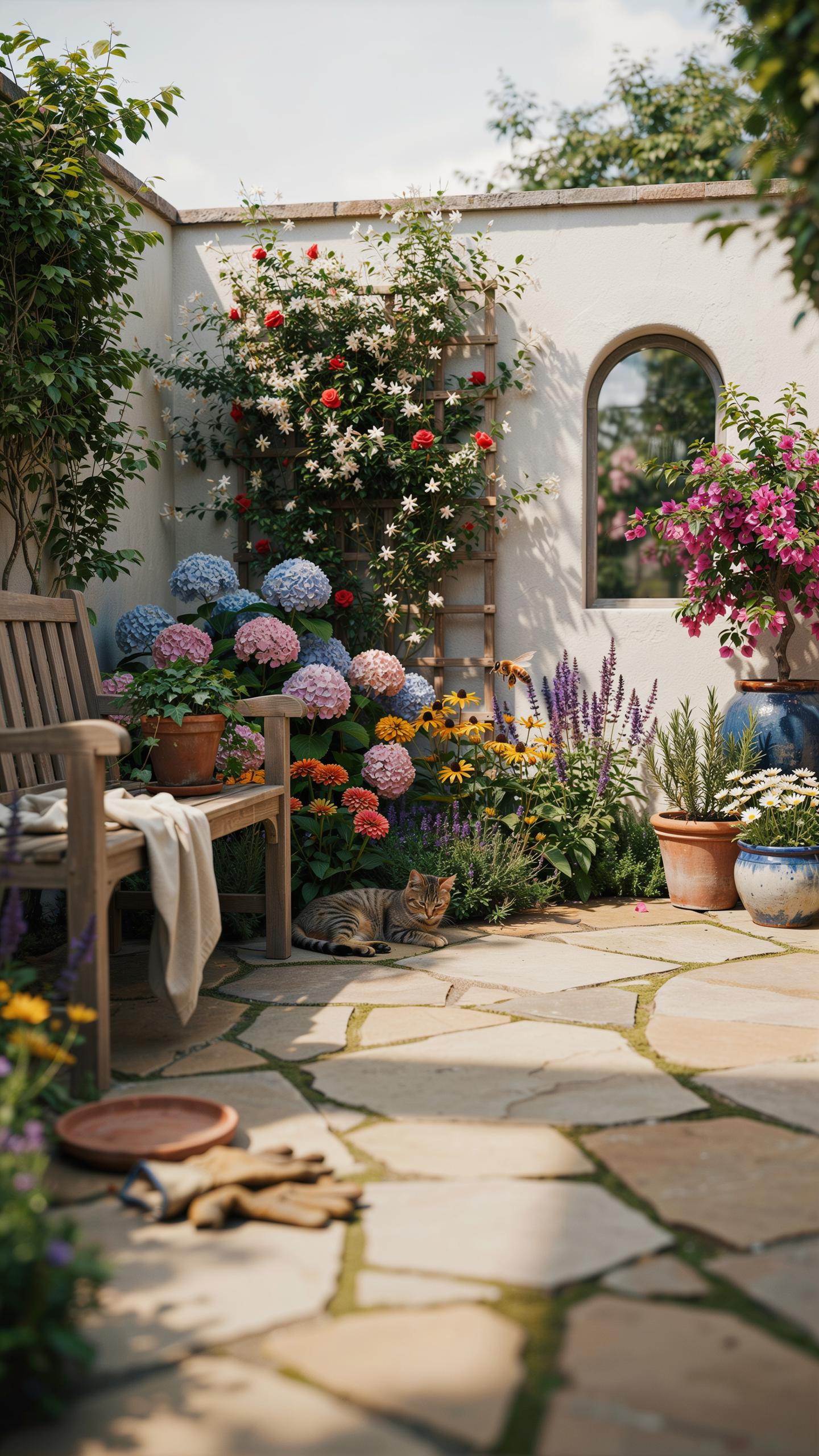 A warm, sunlit backyard patio with flagstone paving features a wooden bench, various potted plants including blue and pink hydrangeas, climbing roses