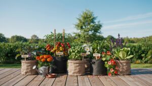 A wide shot shows various herbs and vegetables growing in fabric grow bags on a light wooden deck, against a backdrop of green foliage and a clear blu