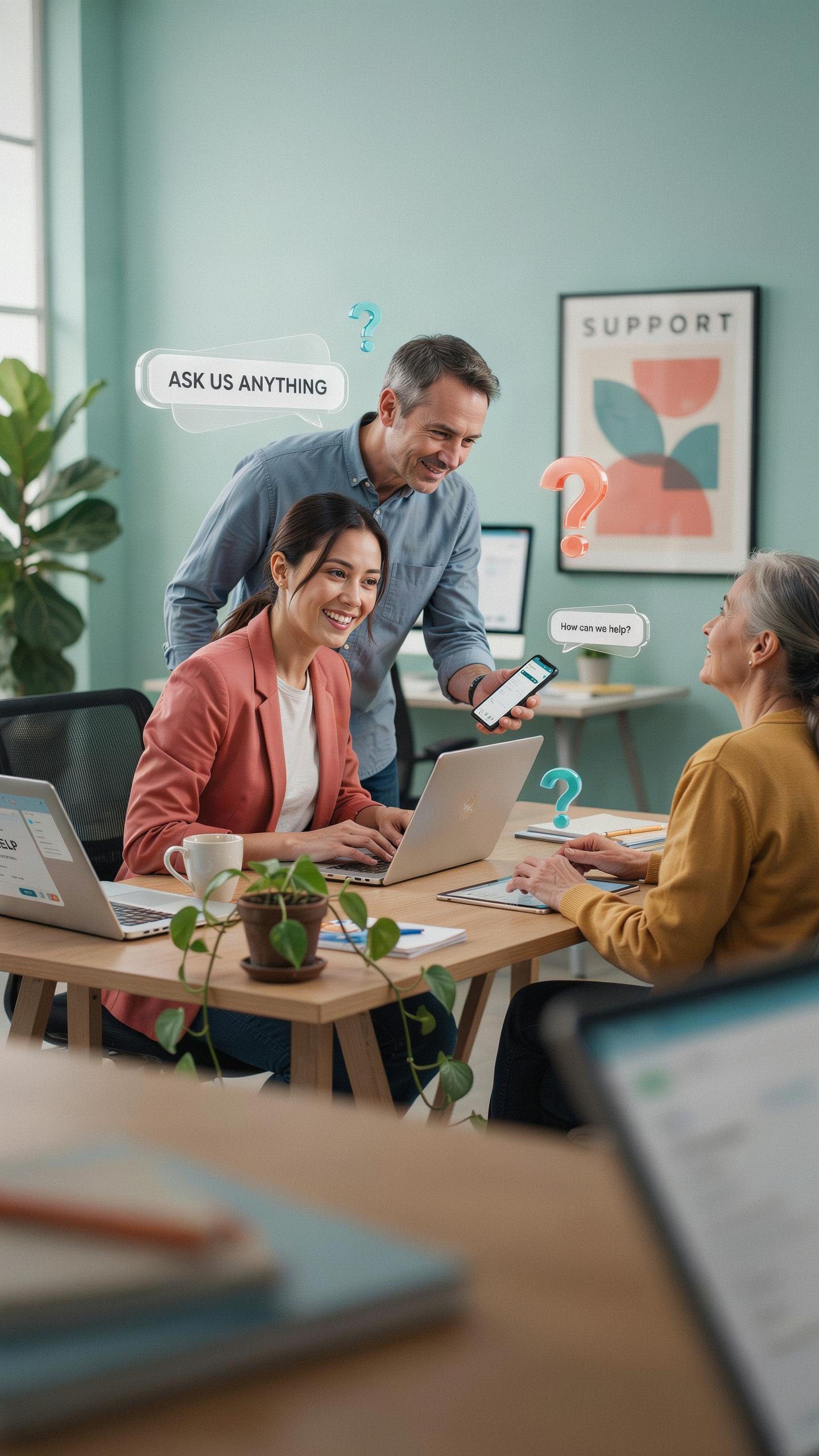 Three smiling professionals, two women and one man, are collaborating in a modern, brightly lit office environment with light teal walls, while workin