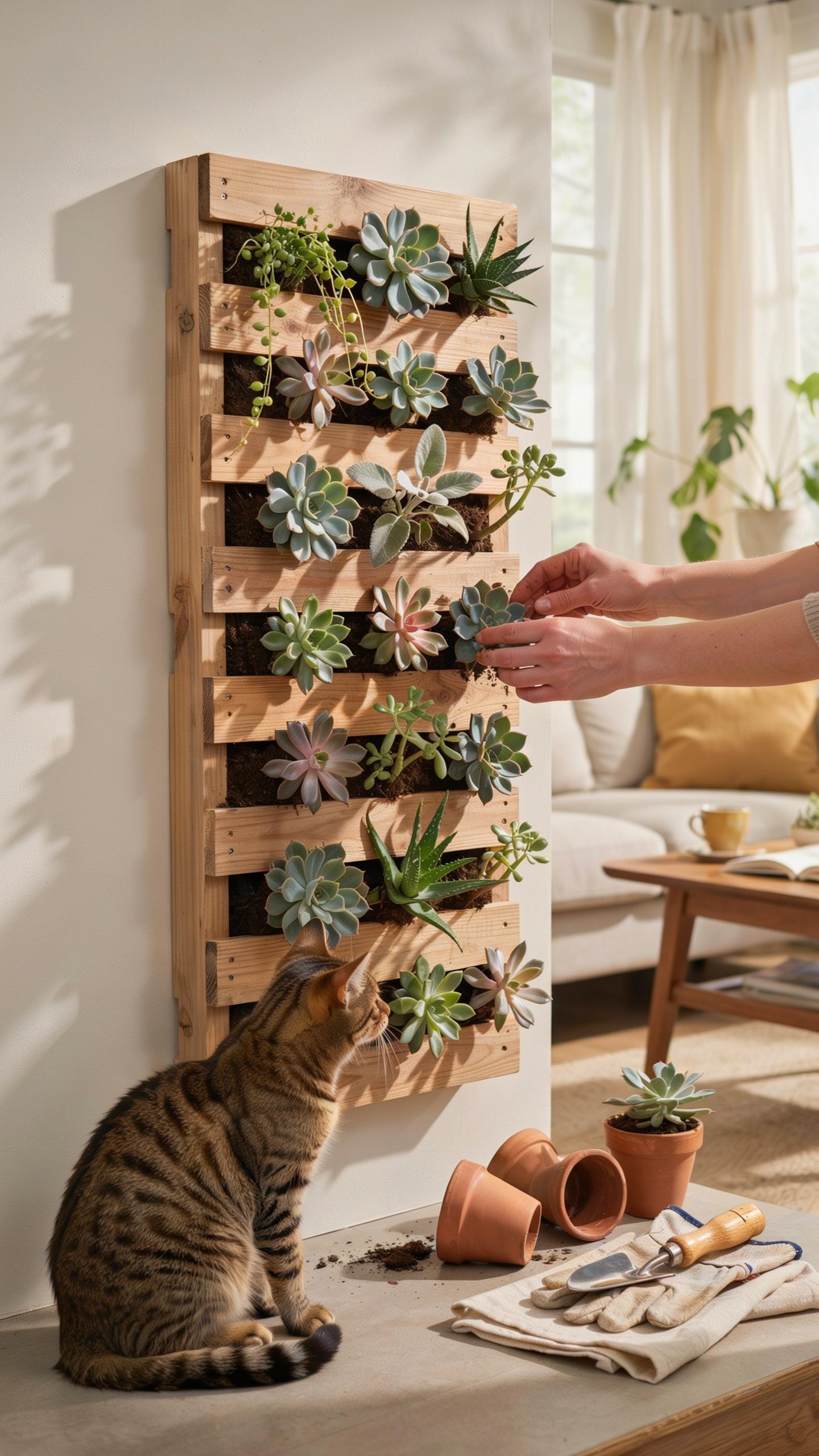 A person arranges succulents in a vertical pallet planter mounted on a white wall, with a tabby cat curiously observing from below. Terracotta pots, g