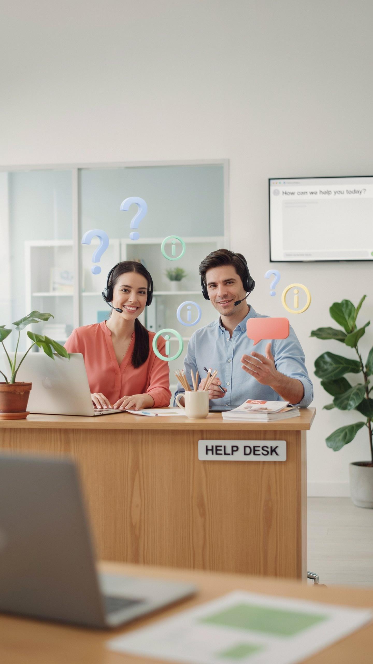 Two smiling customer service representatives, a woman and a man, sit behind a wooden 'HELP DESK' in a brightly lit office, both wearing headsets, with