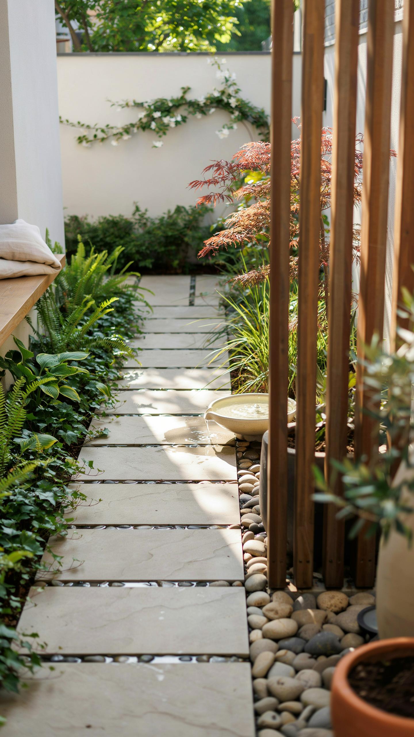 A narrow, sun-dappled outdoor pathway made of rectangular light gray pavers with dark grout, flanked on the left by lush green foliage including ferns