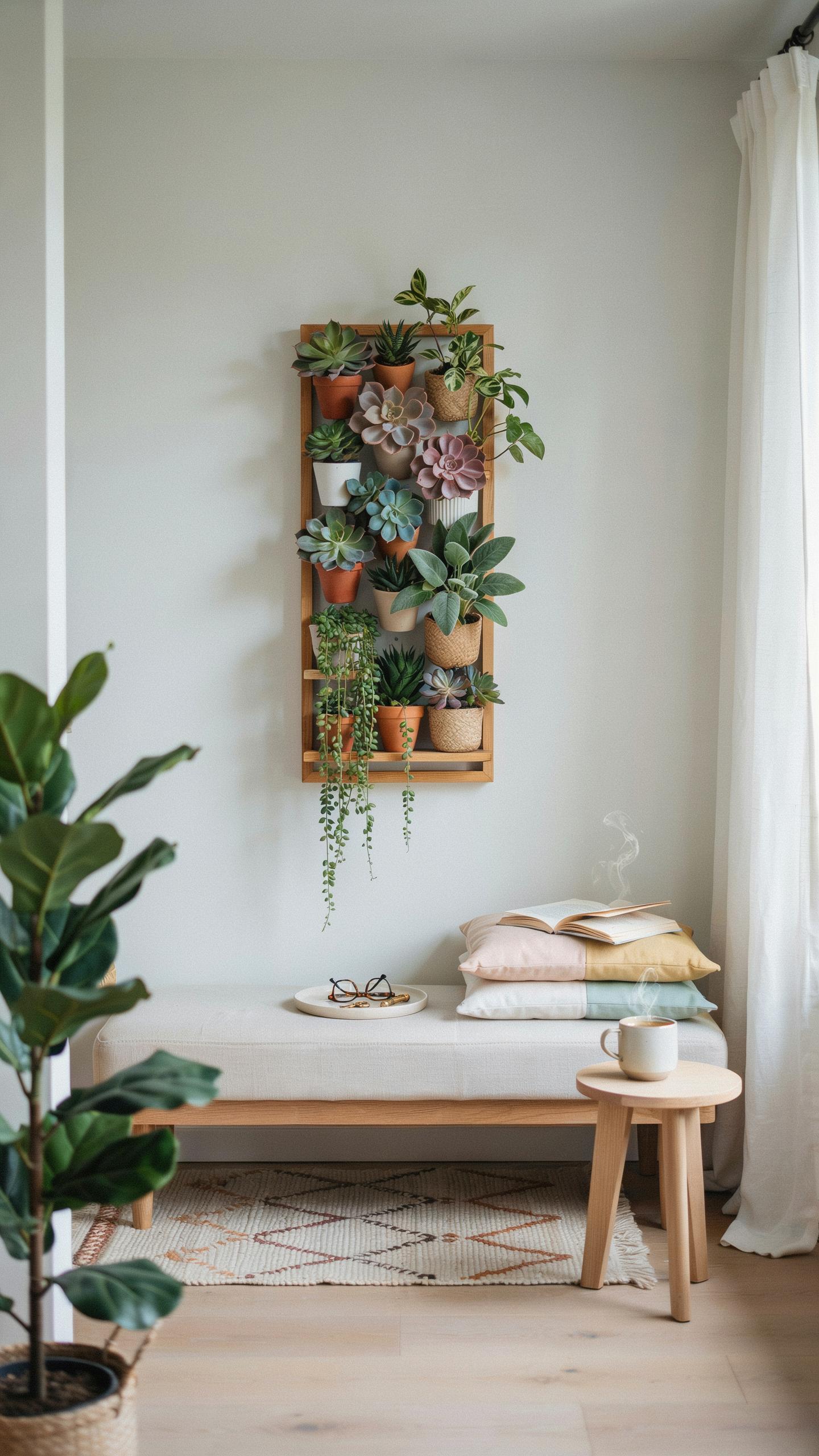 A minimalist and cozy living space features a wooden vertical garden display filled with various potted plants and succulents on a light gray wall, wi