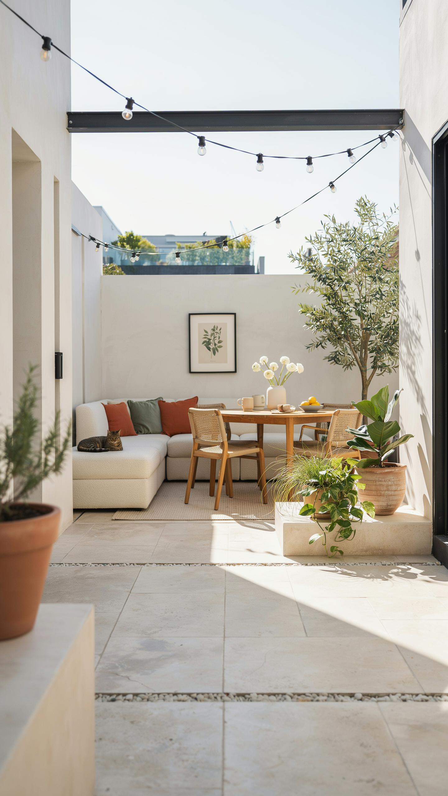 A narrow, sunlit outdoor patio featuring a neutral-toned L-shaped sectional sofa with colorful throw pillows, a wooden dining table with four woven ch