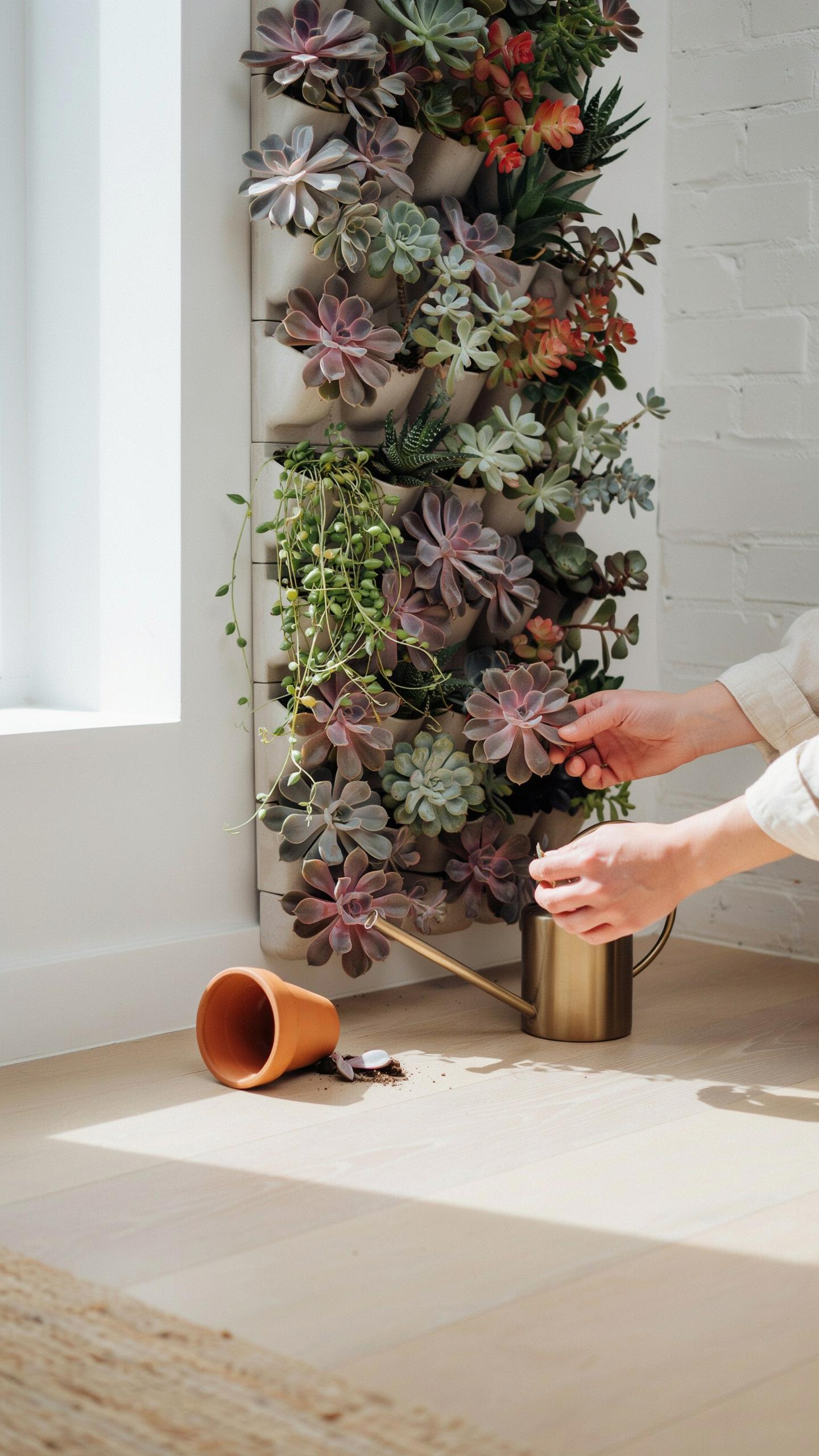 A person's hands delicately water a tall vertical garden filled with various succulents, set against a bright window and light-colored floor, with an