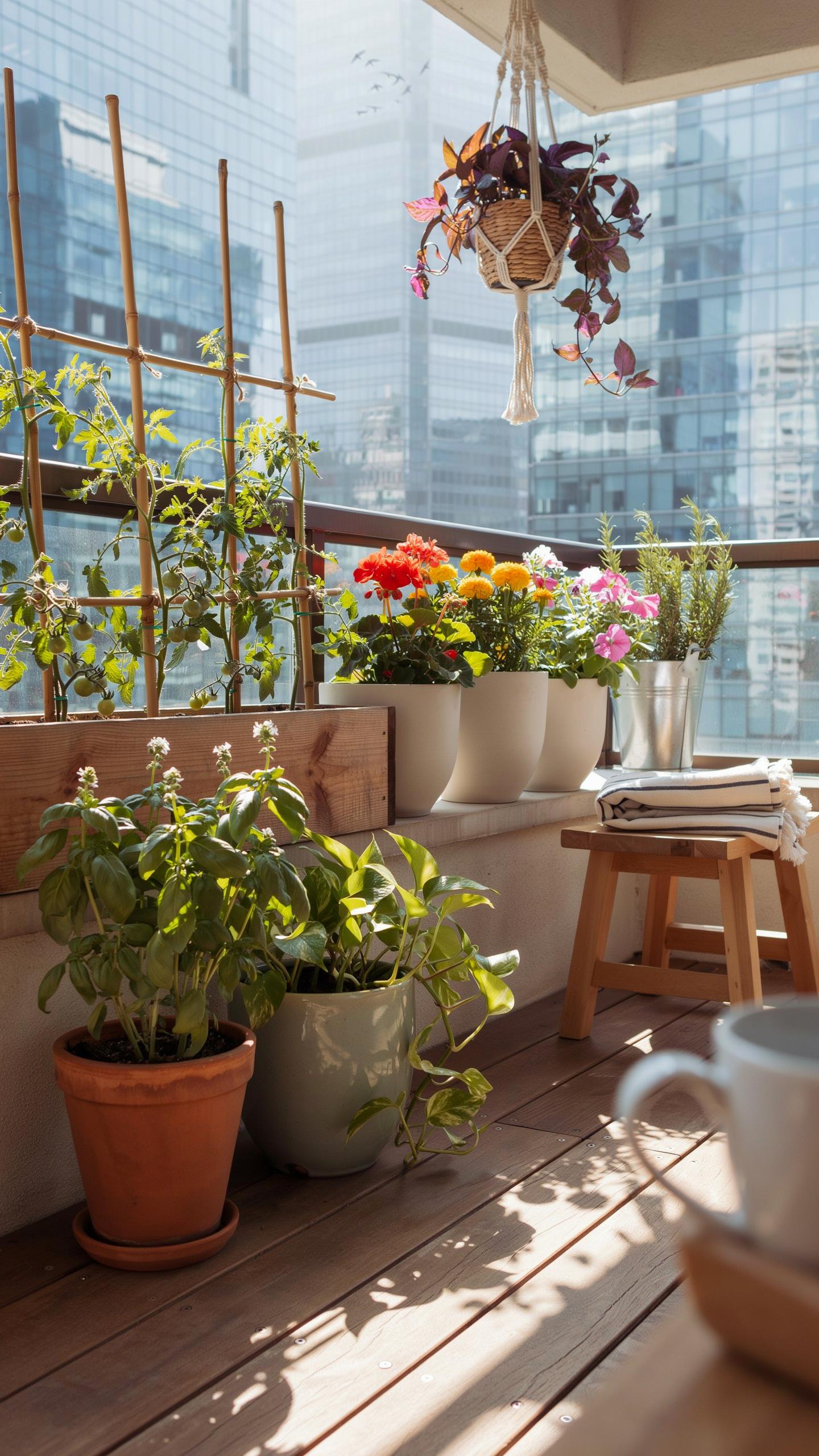 A narrow apartment balcony features various potted plants, including a vertical trellis with greenery, colorful flowers in white pots, and herbs in te