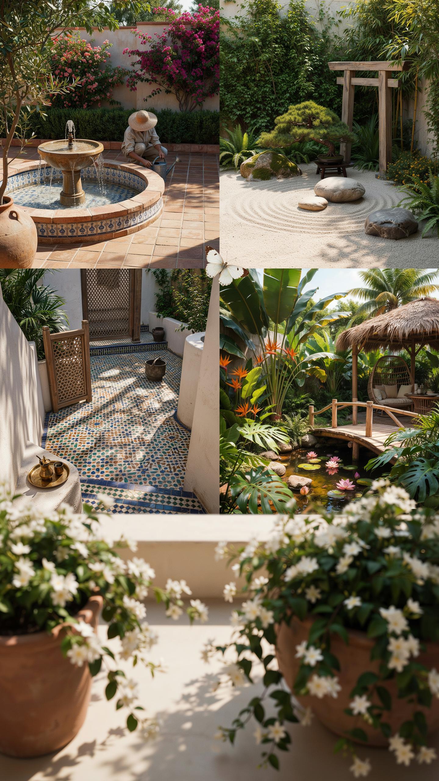 A collage of five outdoor garden scenes, including a fountain courtyard, a Japanese rock garden, a tiled patio with potted plants, a tropical garden w
