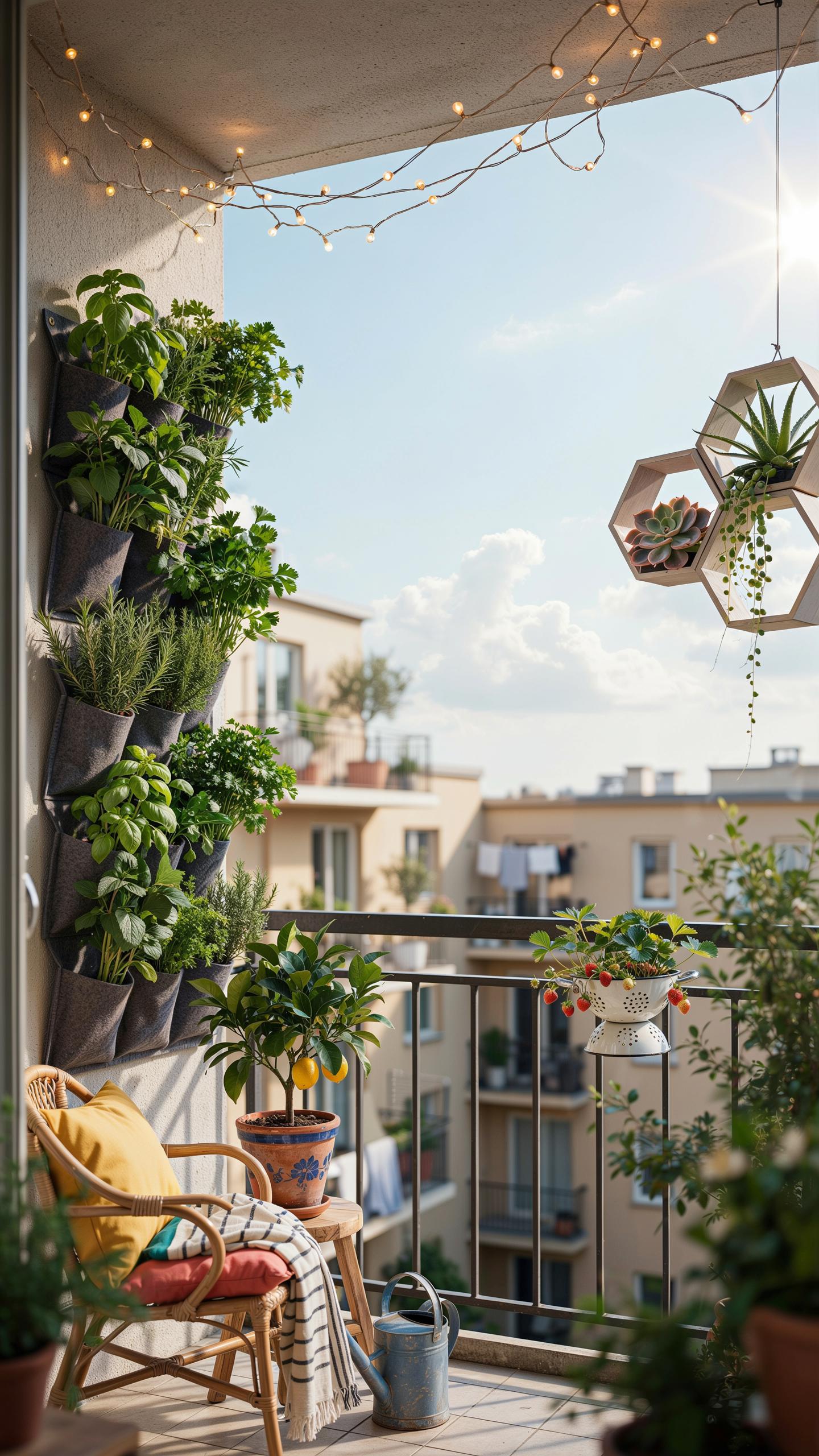 A cozy urban balcony is adorned with a large vertical garden featuring various herbs and plants, a wicker chair with yellow and orange pillows, a smal