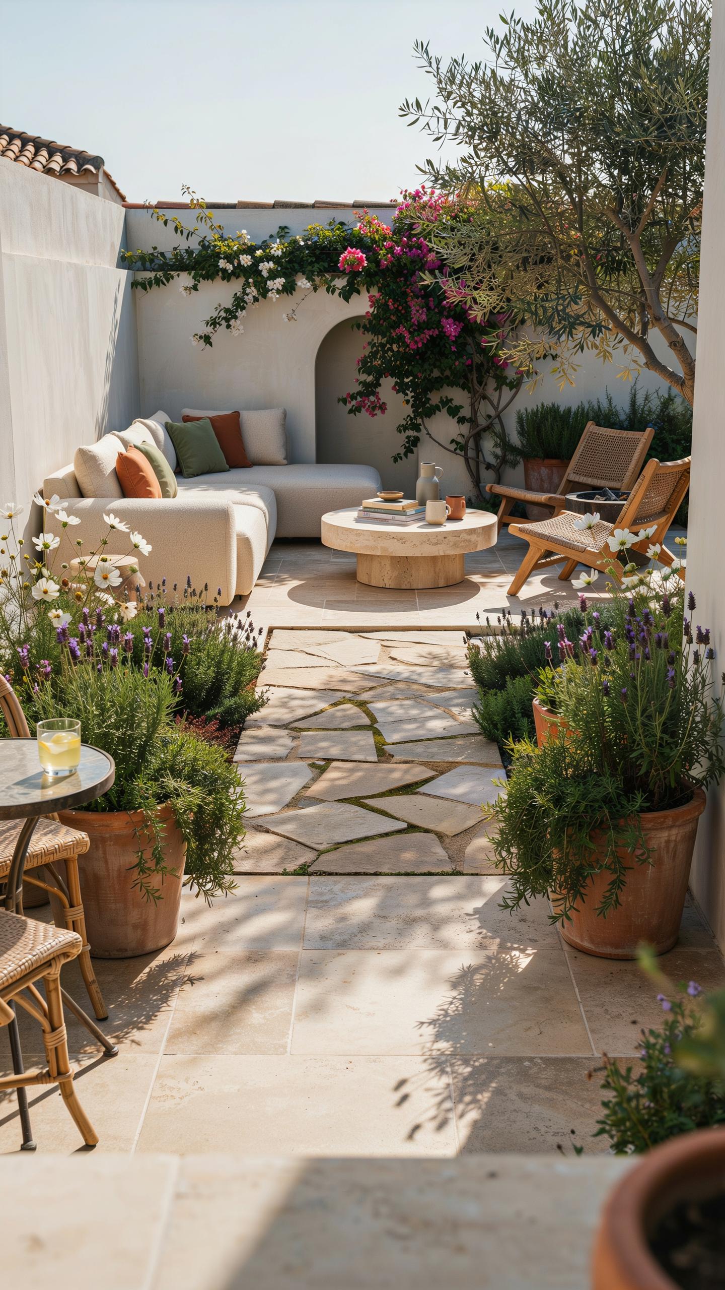 A sunlit, Mediterranean-style patio features an L-shaped beige outdoor sofa, a round stone coffee table, two wooden lounge chairs, potted lavender pla