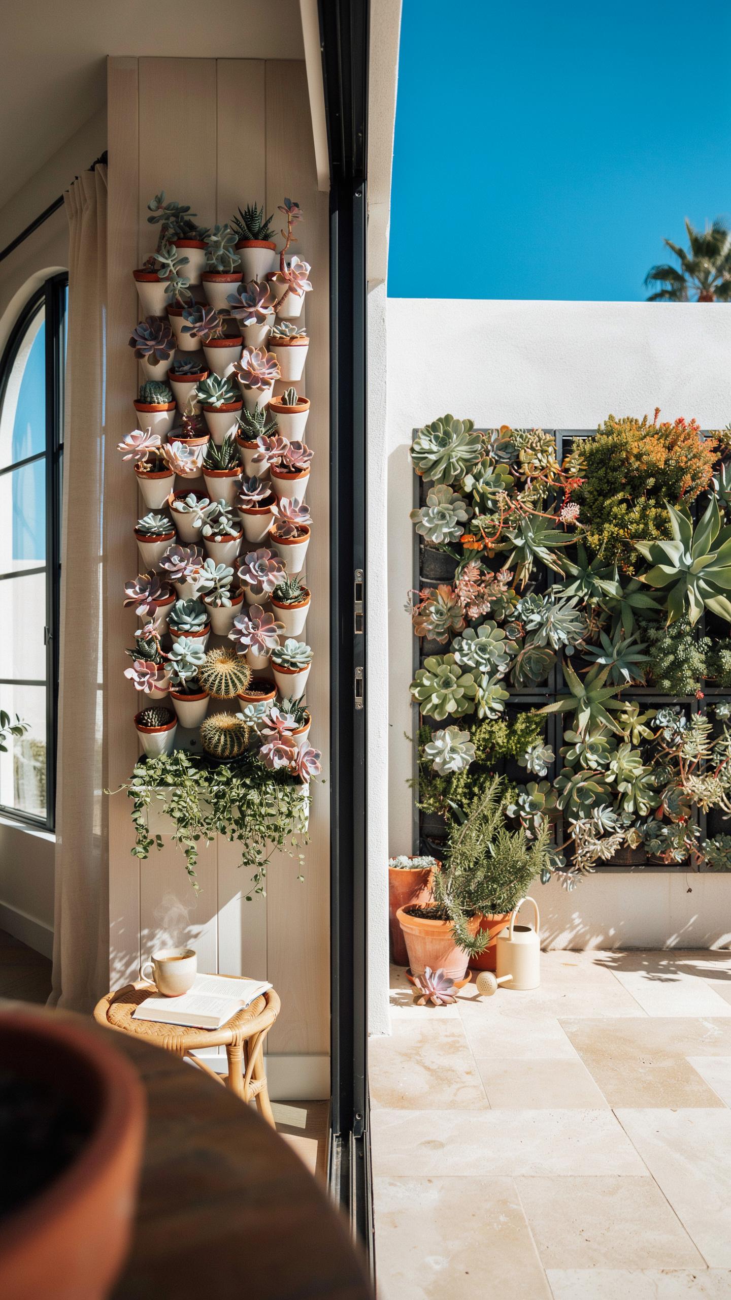 A bright, sunlit indoor-outdoor space features two vertical succulent gardens: one in individual pots on an interior wall and a larger one directly pl