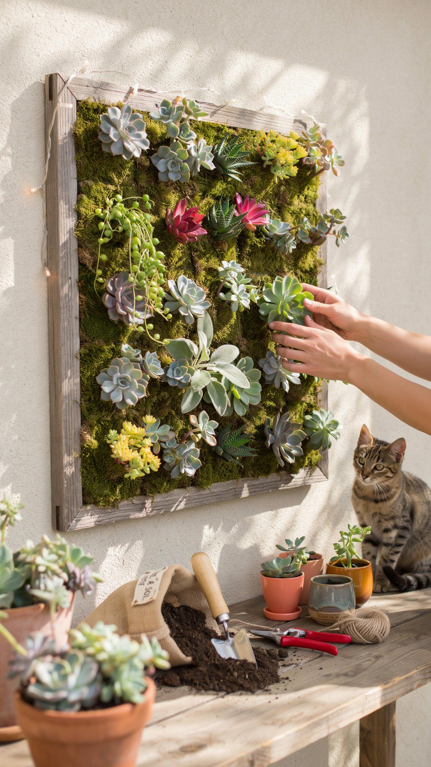 A person's hands are carefully placing a small succulent plant into a vertical moss-covered garden frame on a sunny outdoor wall, with a tabby cat sit