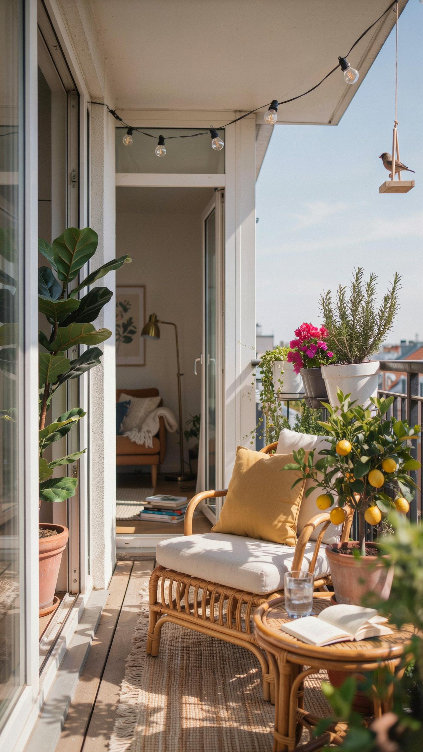 A cozy, sunlit balcony features a rattan armchair with a yellow cushion and a matching small table with a book and drink, surrounded by potted plants