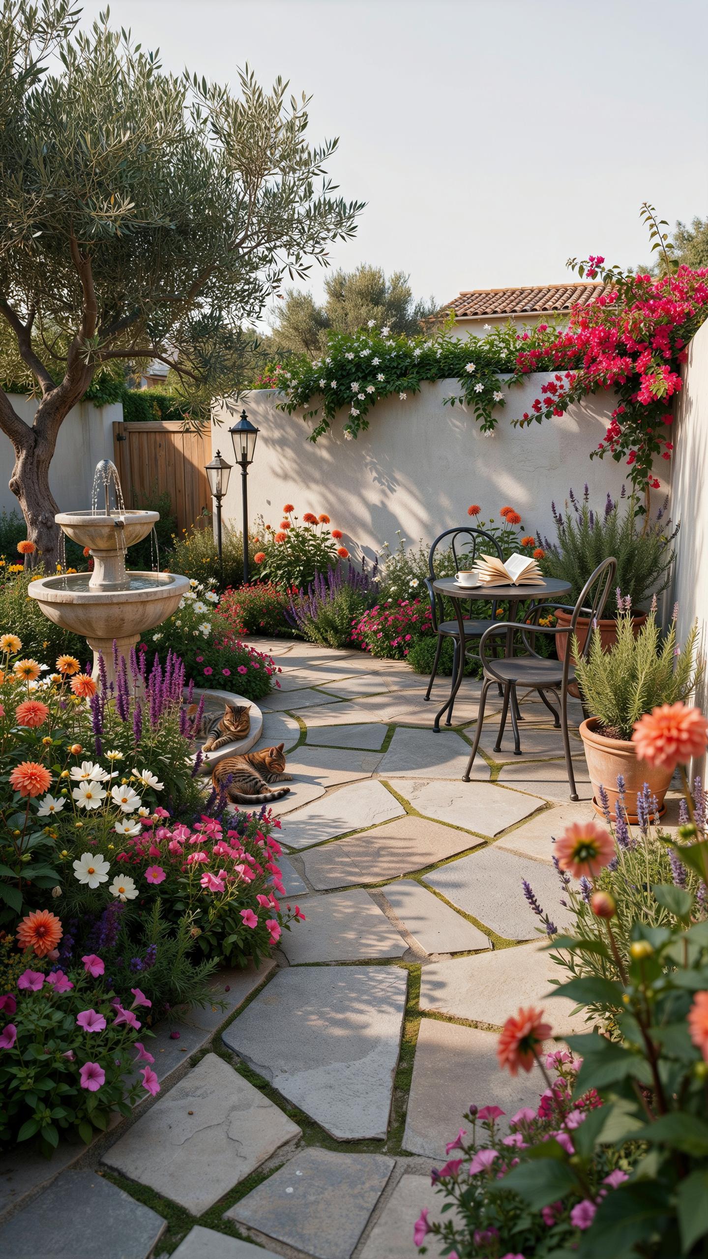 A charming, sunlit Mediterranean garden features a stone path leading past a tiered fountain, vibrant flower beds, an olive tree, and a small wrought-