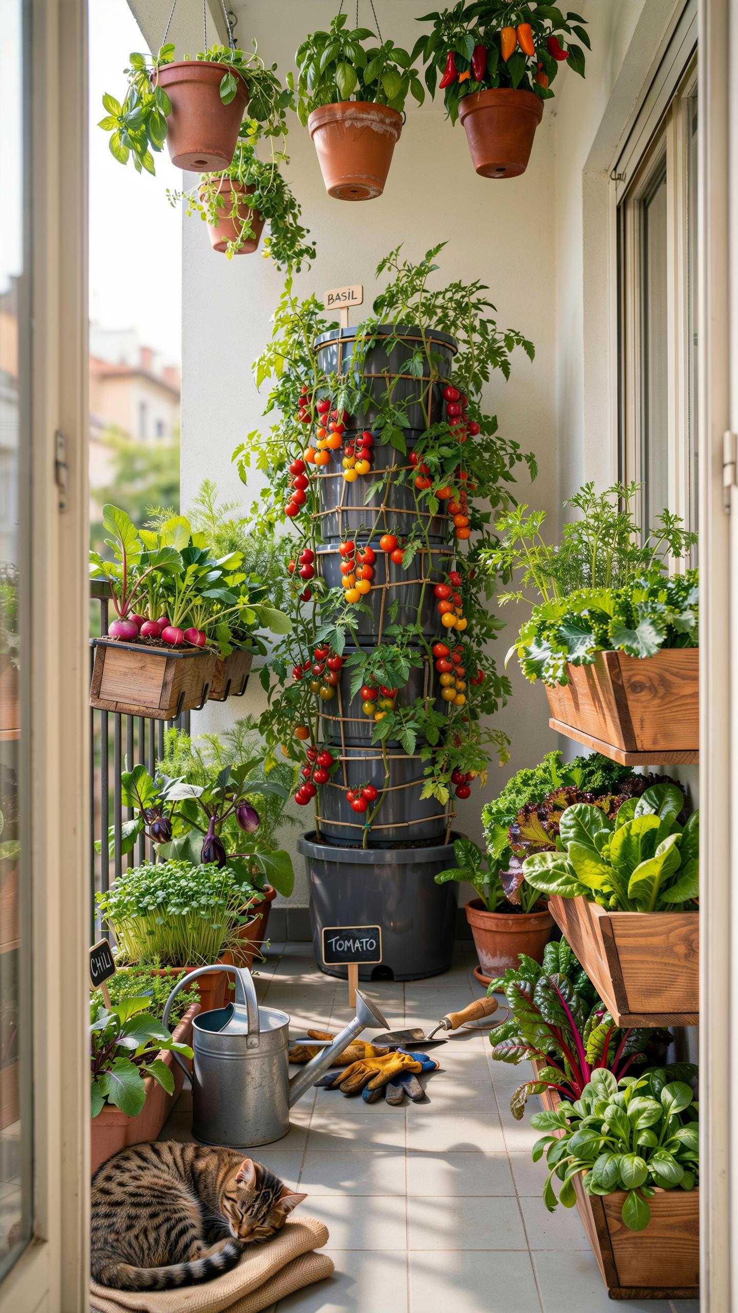 A narrow apartment balcony is transformed into a vibrant vertical garden with numerous plants, a large tomato tower, wooden planters, a watering can,