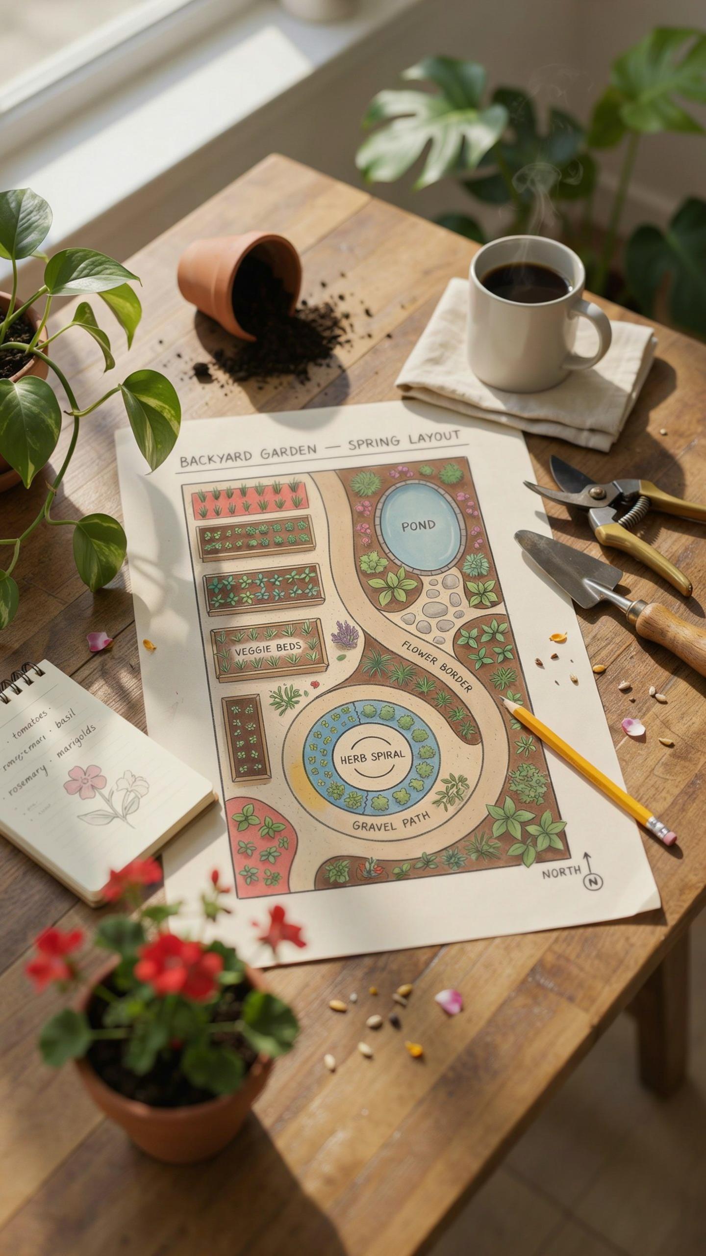 A flat lay shot of a wooden table covered with gardening tools and plans, including a detailed garden blueprint, a trowel, pruning shears, a small pot