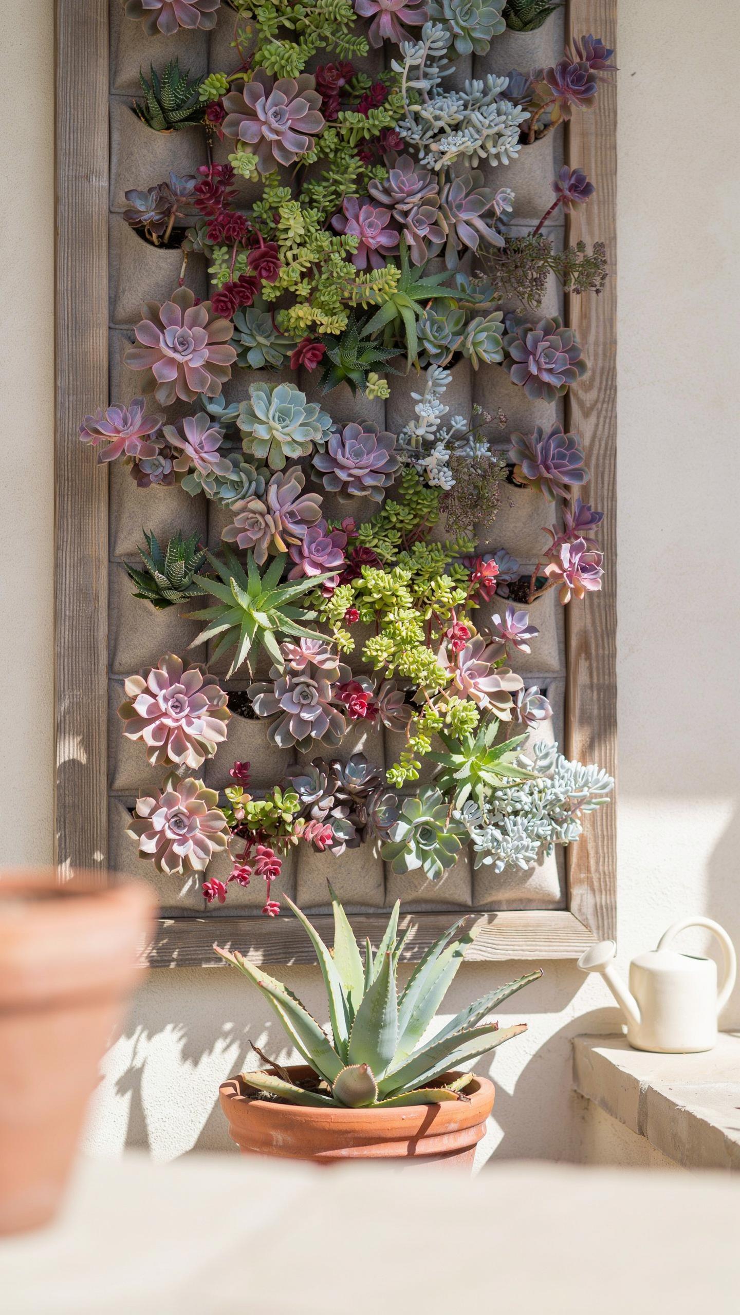 A close-up view of a vertical garden on a beige wall, featuring a dense arrangement of colorful succulents in various shades of green, purple, and red