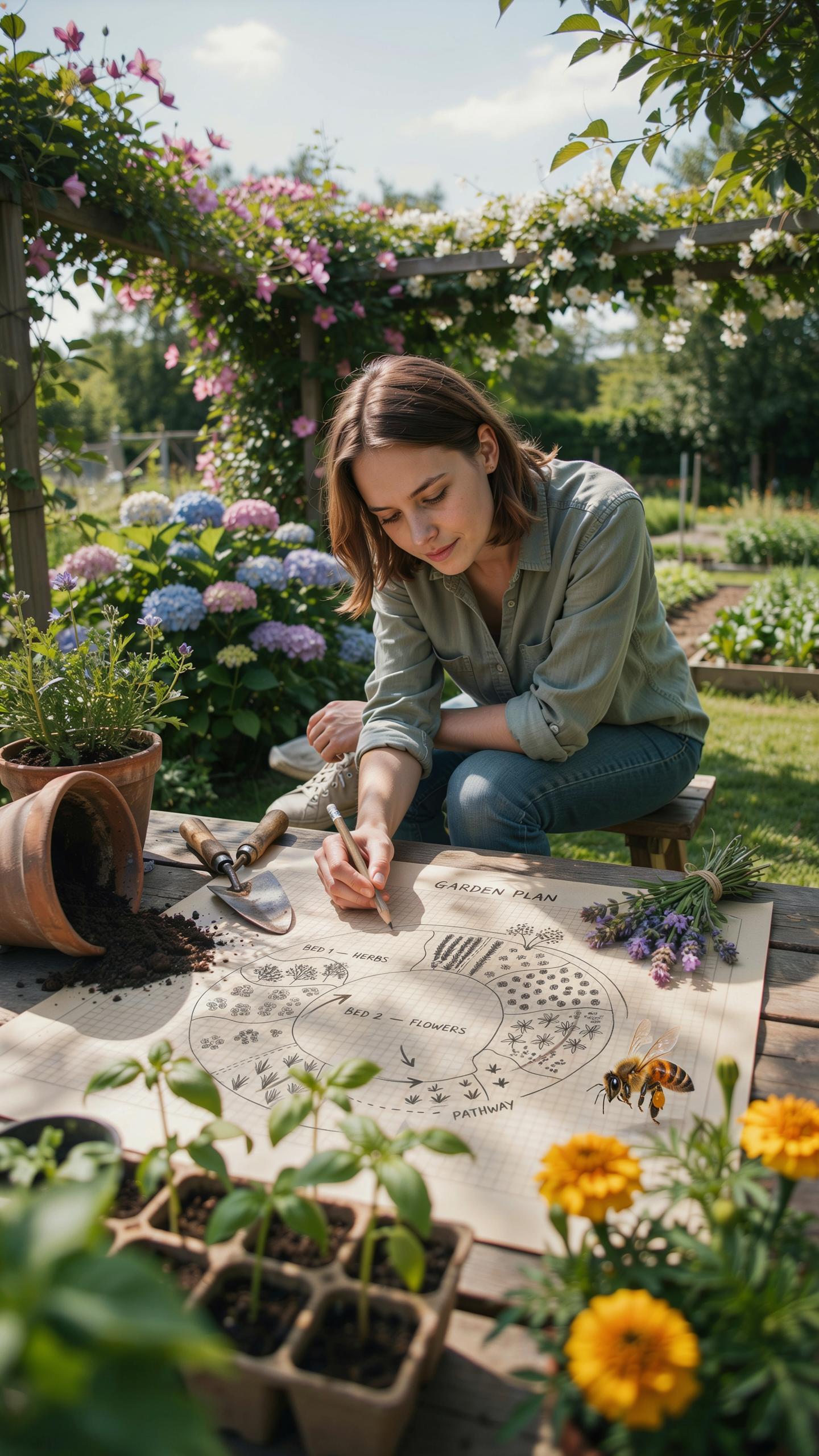 A young woman with light brown hair in a green shirt and jeans kneels on a wooden surface in a lush garden, intently arranging small, light-colored pe
