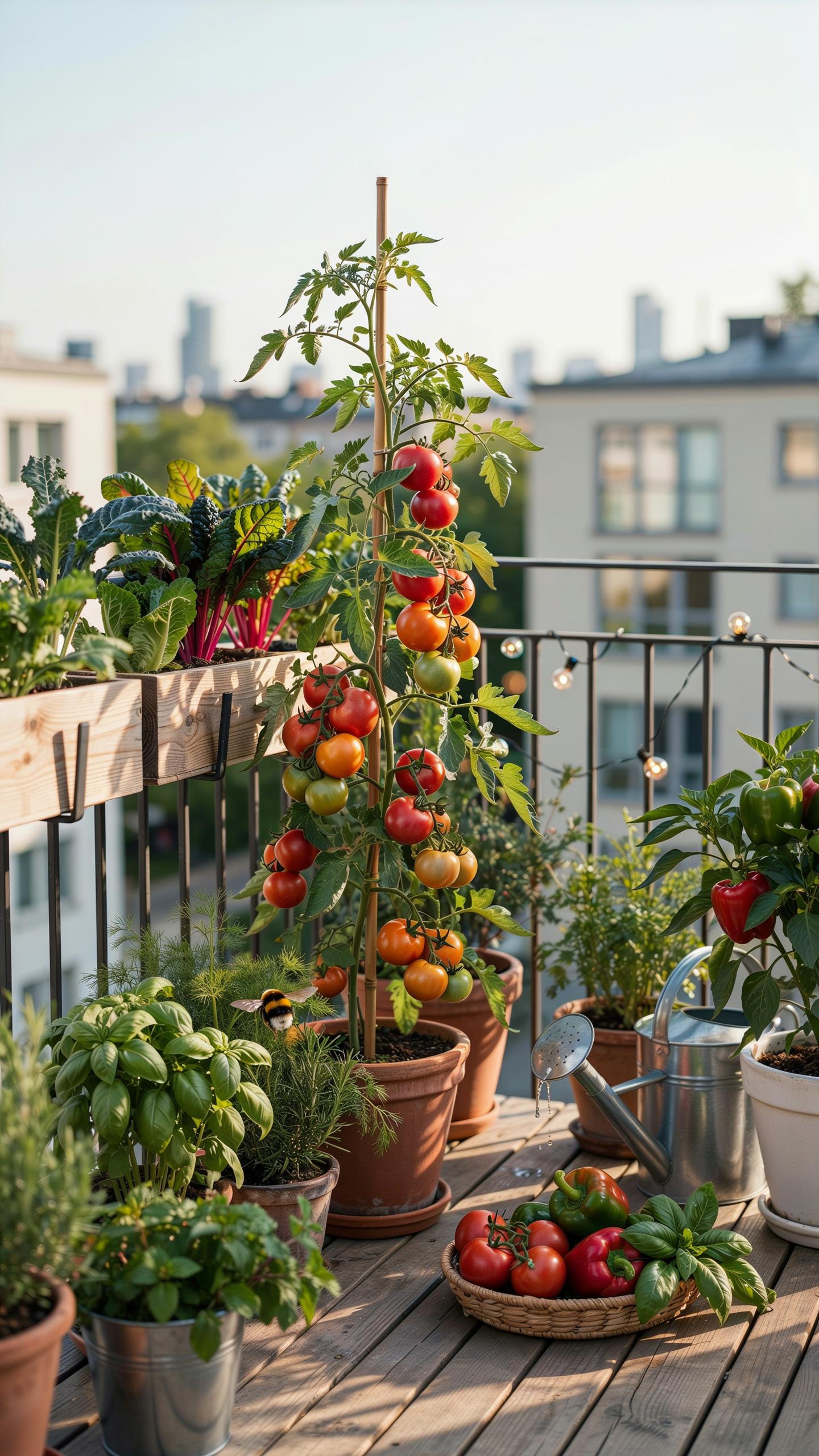 A vibrant balcony garden features a tall tomato plant heavily laden with ripening red and orange tomatoes, supported by a wooden stake. Surrounding it