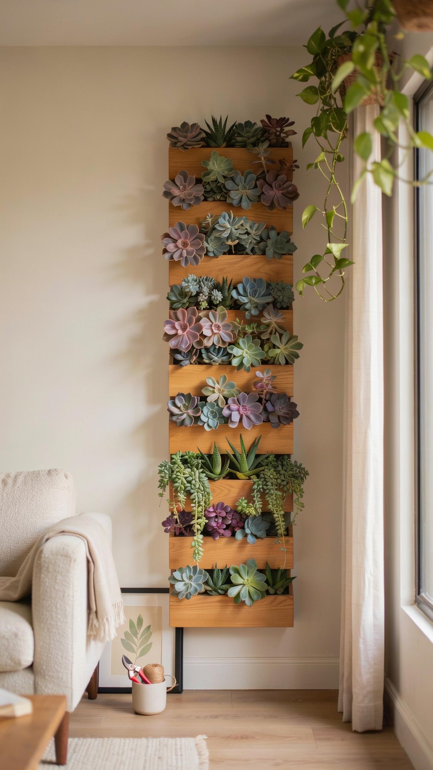 A modern living room features a tall, narrow wooden wall planter filled with various succulents and air plants, positioned next to a cream-colored sof