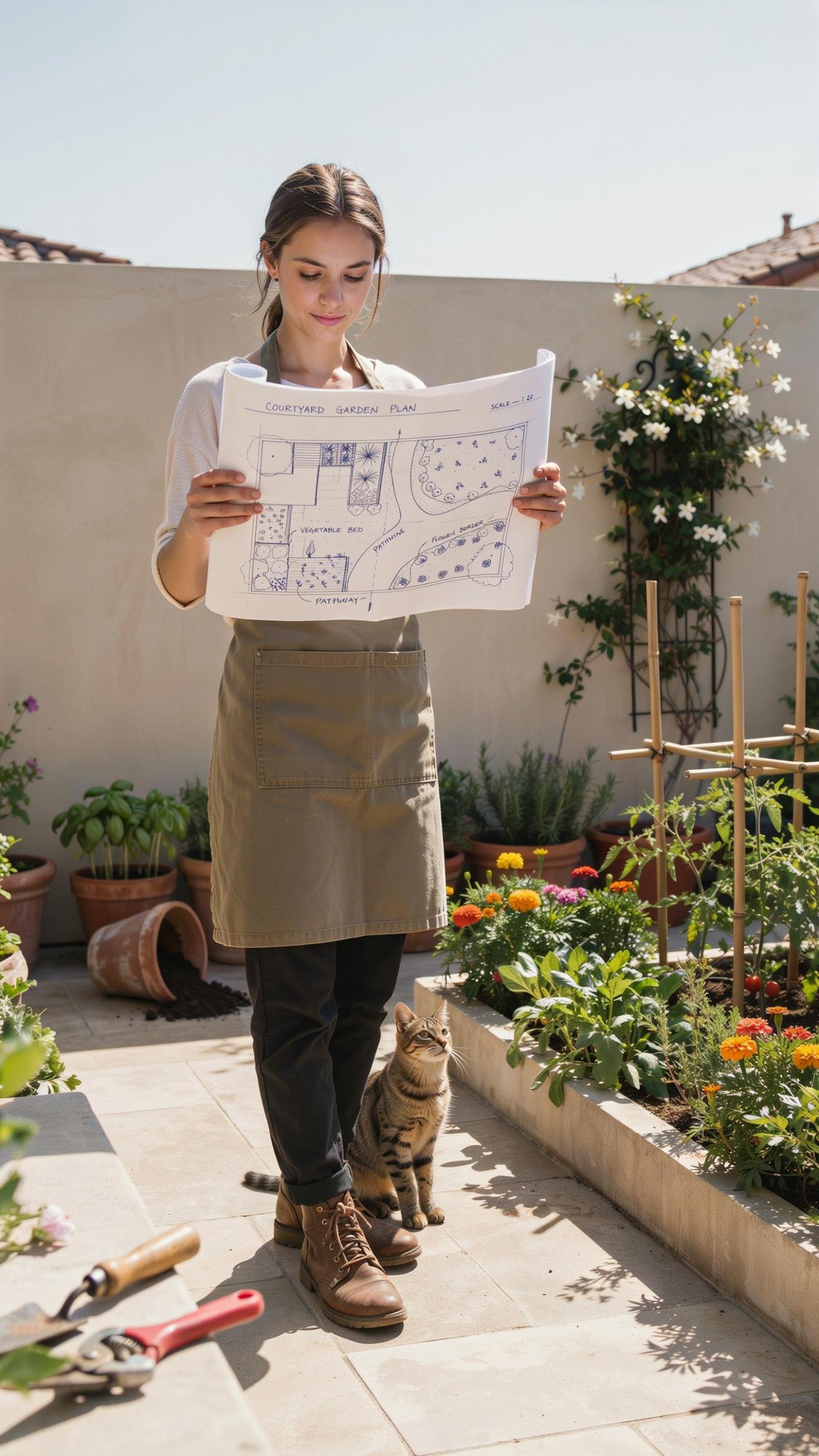 A young woman with dark hair in a ponytail stands in a sunny backyard garden, wearing a light-colored long-sleeved shirt, a brown apron, and dark pant