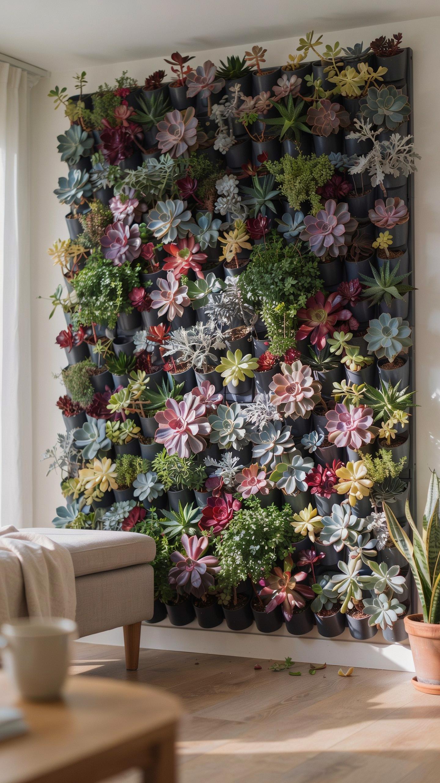 A large vertical garden made of numerous colorful succulents in various hues of green, red, pink, and purple, fills an entire wall in a bright, modern