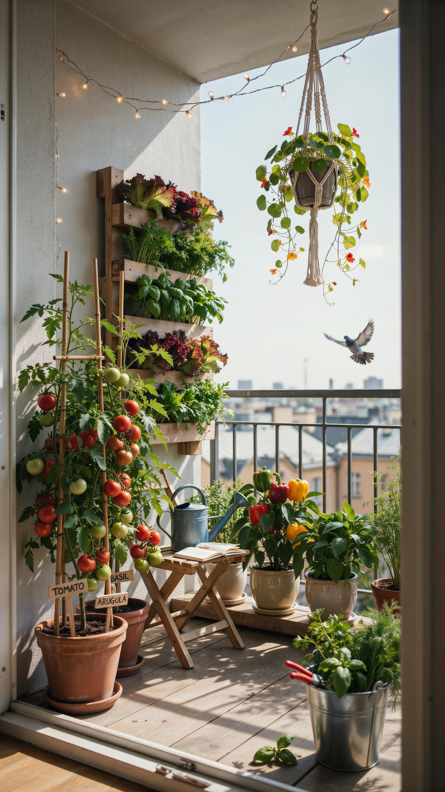 A vibrant balcony garden is shown with potted tomato plants on the left, a multi-tiered vertical planter filled with various lettuces and herbs on the