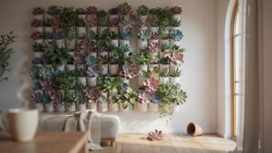 A brightly lit living room features a large vertical garden wall composed of many small succulent plants in individual white pots, a light-colored ott