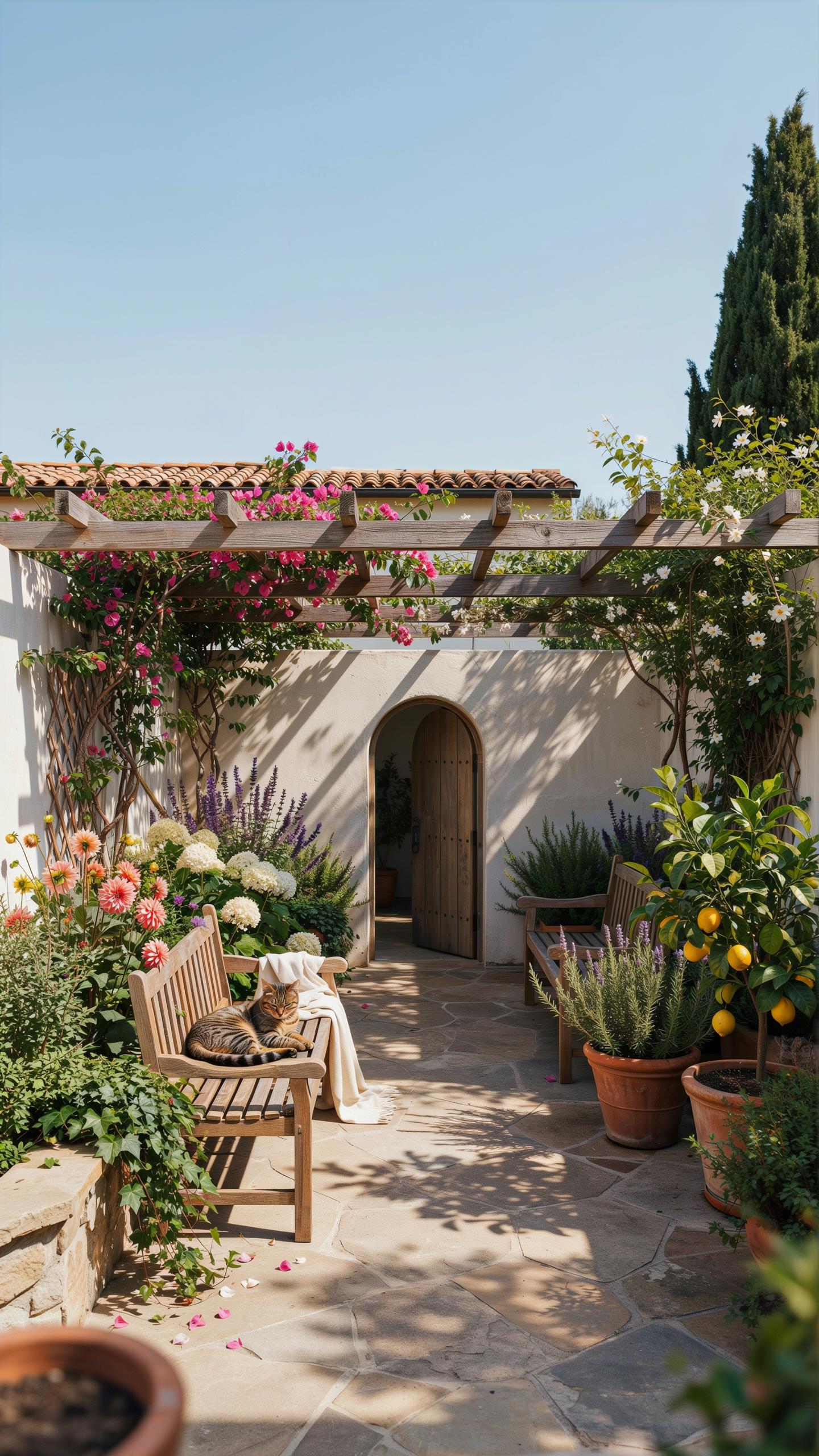 A tranquil Mediterranean-style garden features a white stone wall with a wooden archway, lush flowering plants, a wooden bench with a sleeping cat, an